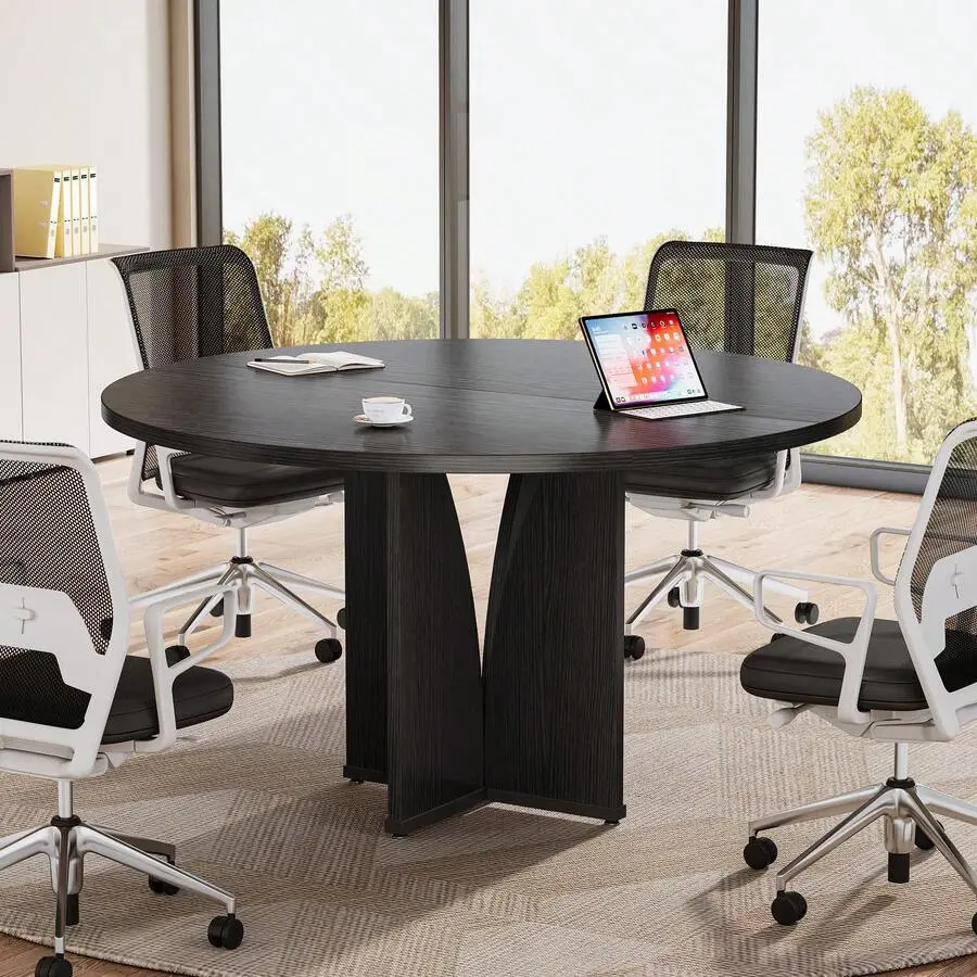 39" Round Conference Table 4, Modern Round Meeting Table With Sturdy Base, Small Compact Conference Room Tables Office, Training, Or Negotiation (Black)