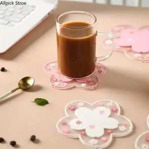 Kawaii Cherry Blossom Desk Accessories Set, Adorable Dual-Purpose Kitchen Decorative Floral Pattern Placemat & Coasters, Heat Insulated, Home Decor & Office Organization
