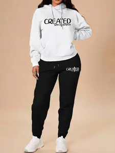 2 Pieces Womrn Sets Spring Fall Fashion Casual Home Outdoor Fitness Letter Print Women Long Sleeve Hooded Sweatshirt with Pockets + Pants Set Tracksuit