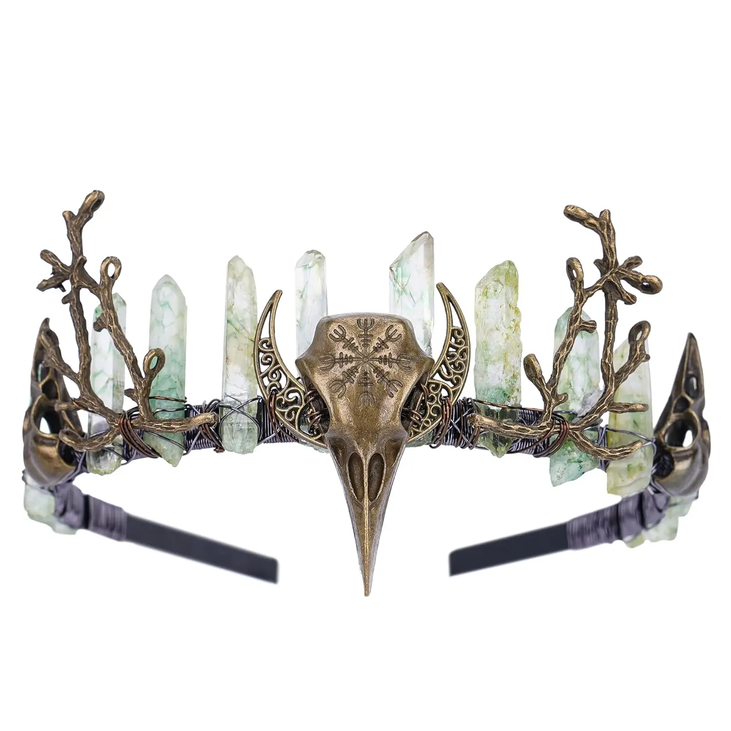 Handmade Raw Quartz Crystal Crown - Bronze Crow Branch Moon Elf Headpiece Fantasy Forest Witch Crown for Wedding Renaissance Halloween Cosplay Woodland Headband