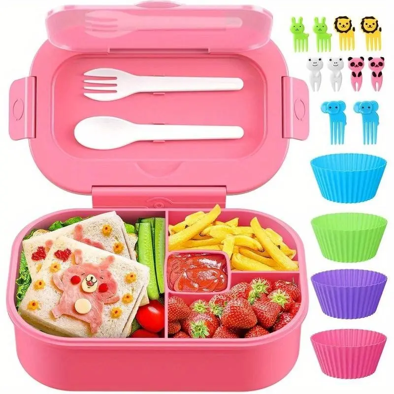17-Piece Bento Lunch Box Set with 4 Compartments, Cutlery & Animal Food Clips, Leak-Proof, Microwave & Dishwasher Safe, BPA-Free, Kids & Adults, Leakproof Lunchbox