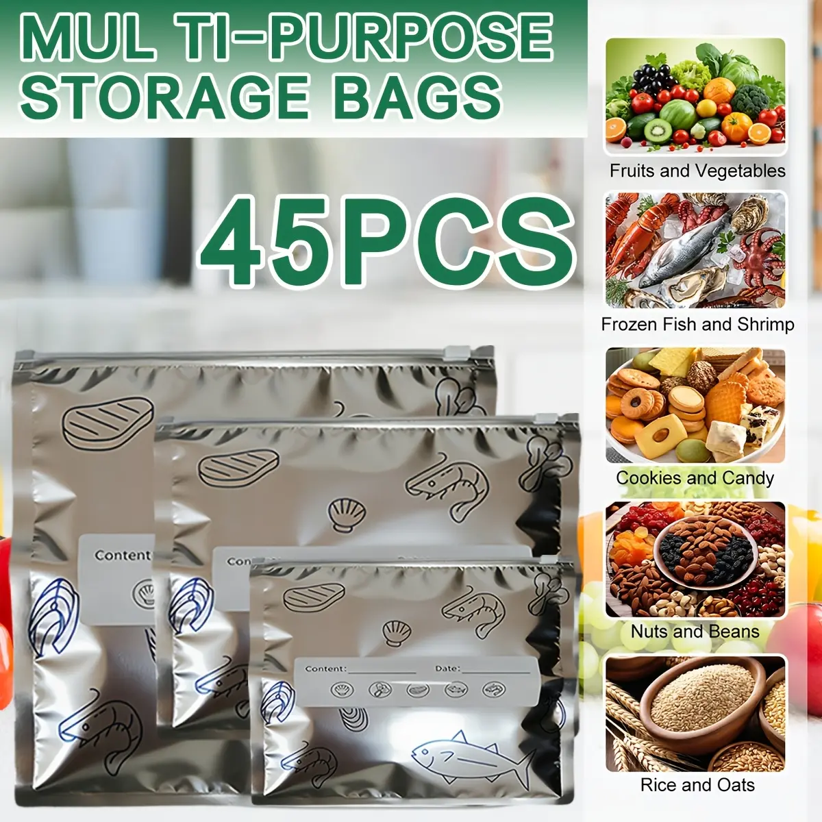 New Thickened Heavy-Duty Reusable Aluminum Foil Storage Bags (45-Pack) – Airtight, Leak-Proof, Freezer-Safe Zipper Bags with Viewing Window; 3 Sizes (Small, Medium, Large) for Food Preservation, Kitchen Organization, and Portioning.