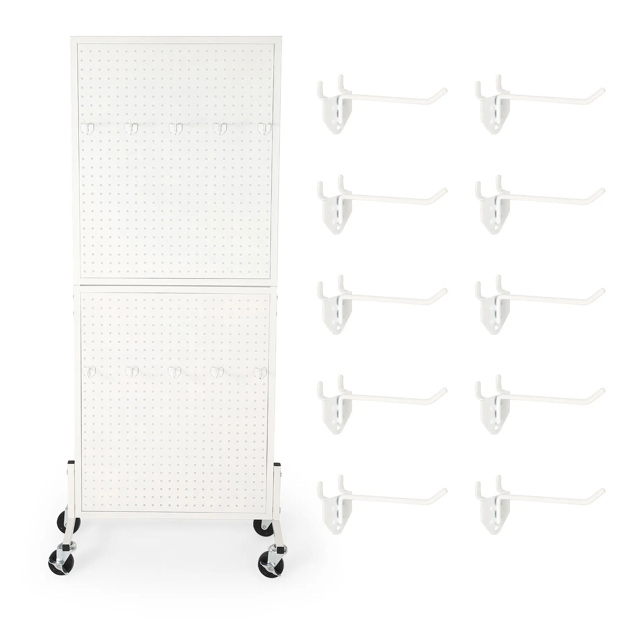 Garvee Metal Pegboard Storage Rack – Freestanding Floor Organizer with Wheels, T-Base, 10 Hooks – Modular Display Shelf for Garage, Workshop, Shop, and Market
