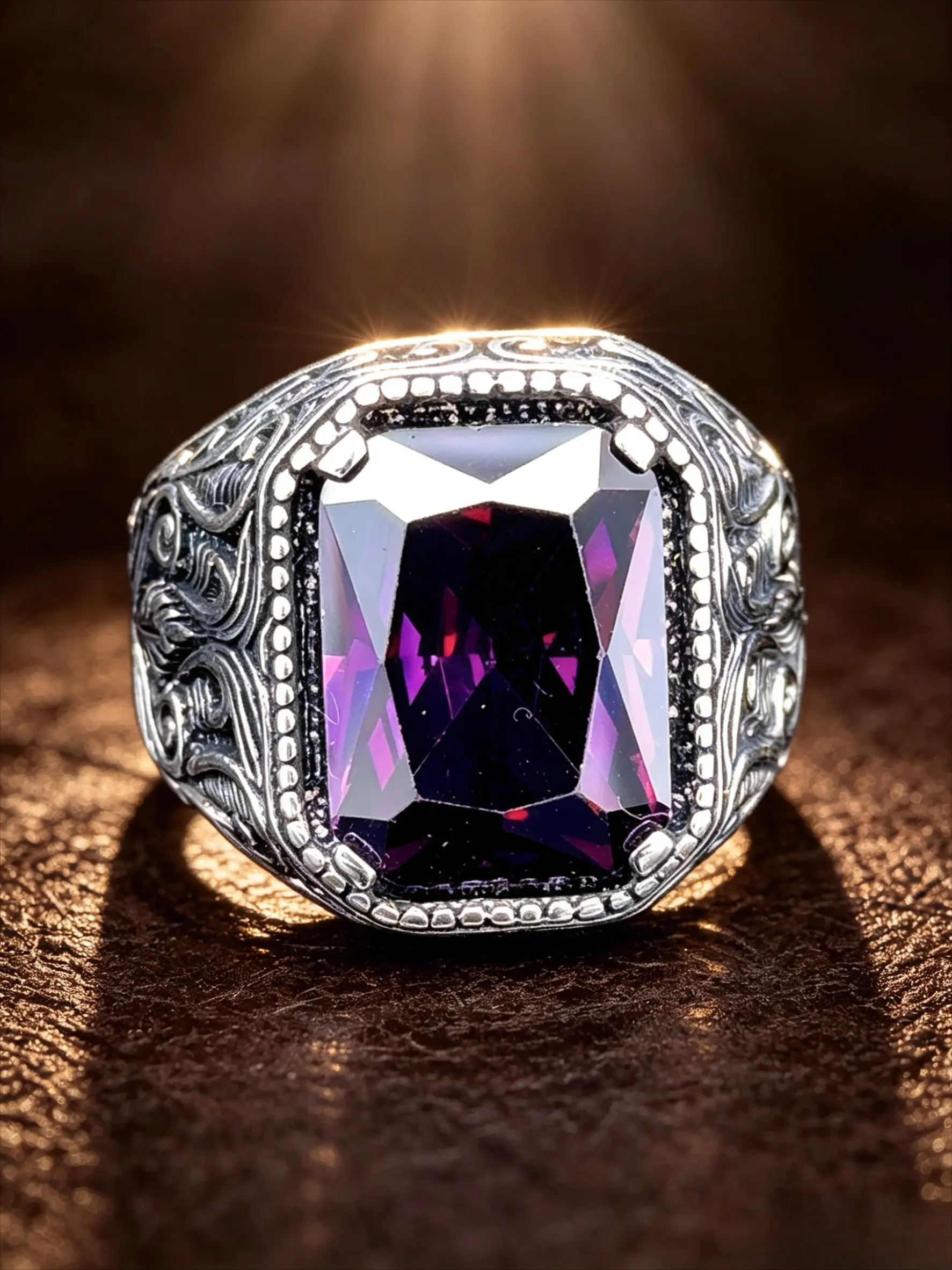 Rectangle Amethyst Vintage Engraved Signet Ring, Antique Silver Stainless Steel Wide Men Band, Tarnish Resistant Hypoallergenic Retro Gothic Statement Jewelry Gift For Men