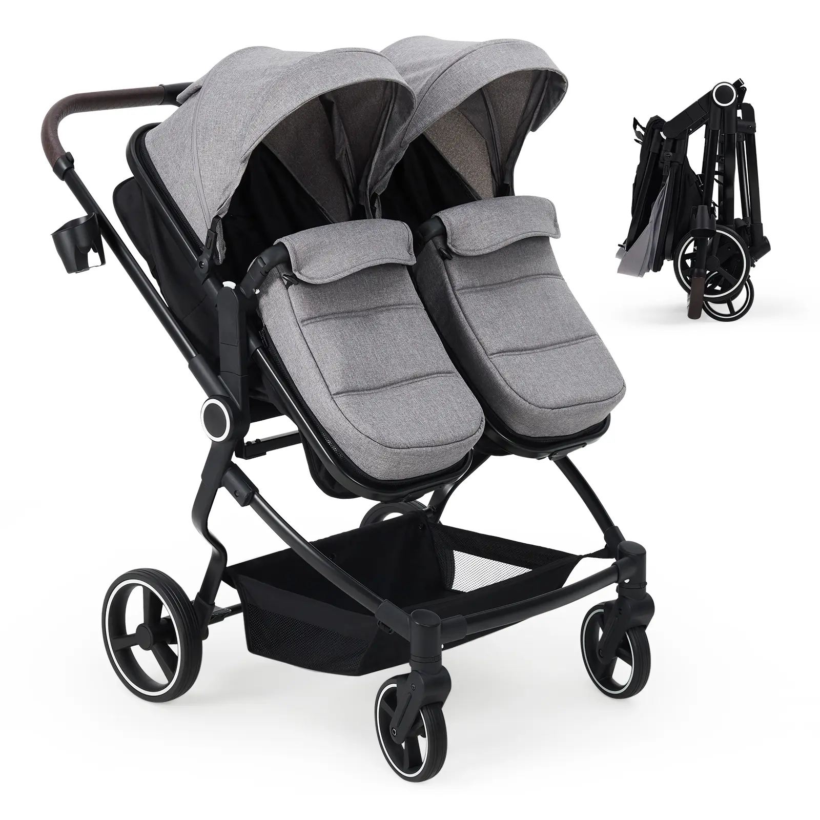 Garvee Foldable Pram Stroller - Side-by-Side Twin, Lightweight, 1-Click Fold, High Seats, Adjustable Canopy, Recline, Detachable Covers, Unisex Compact Black Travel Stroller for Newborns