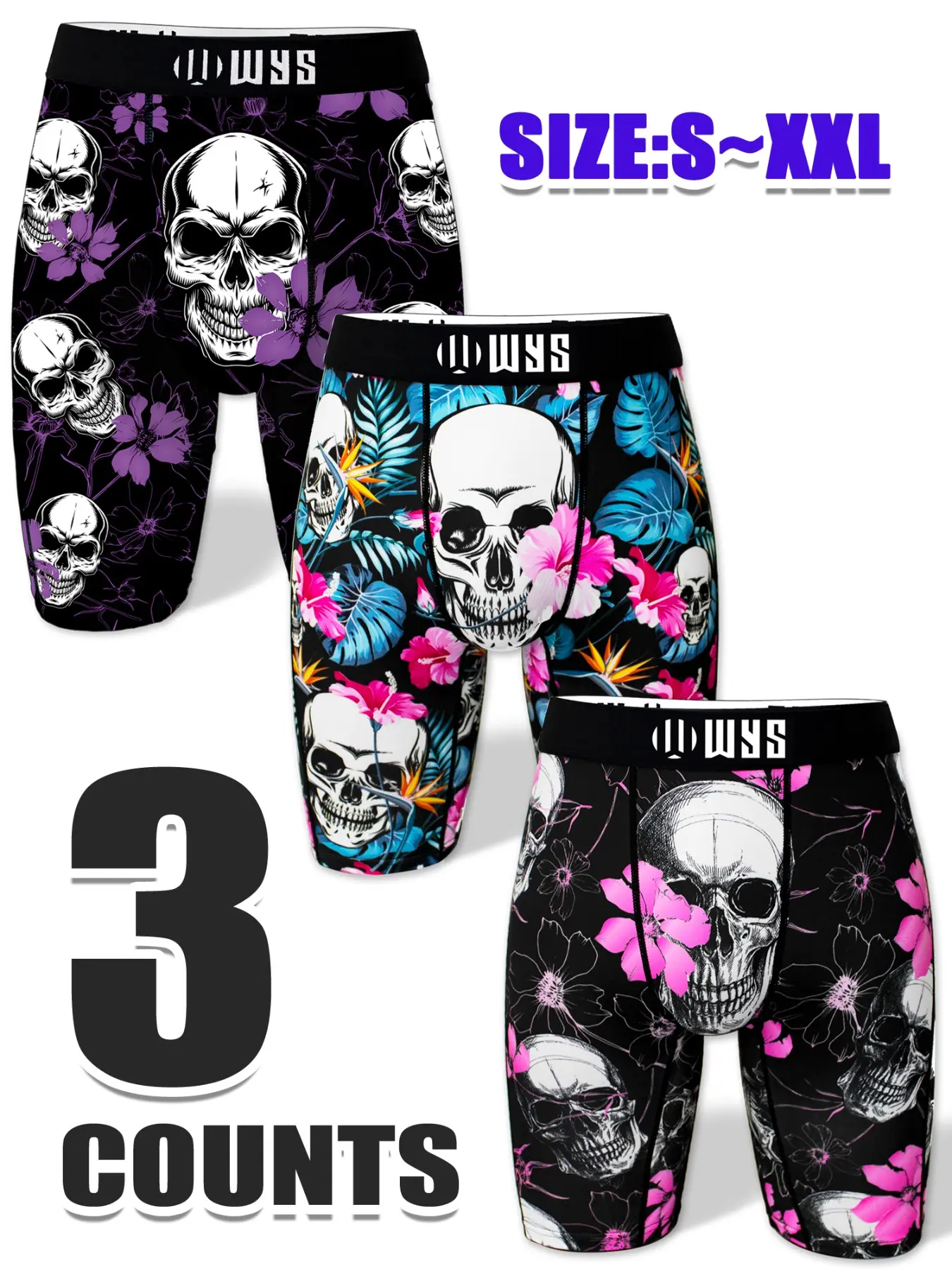 3pcs Men's Long Sport Underwear All Seasons Boxers Set, Halloween Skull Plant Print, Elastic Moisture-Wicking, Comfortable Quick-Dry Breathable Casual Boxer Briefs