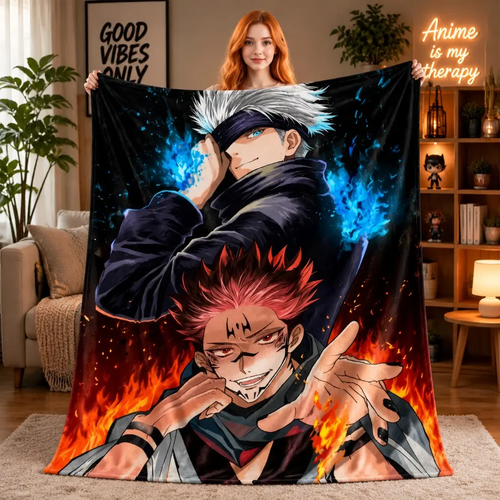 Gojo & Sukuna Jujutsu Kaisen Fleece Blanket, Fire Anime Art Throw, Dark Aesthetic Otaku Gift for Bedroom Sofa Cover