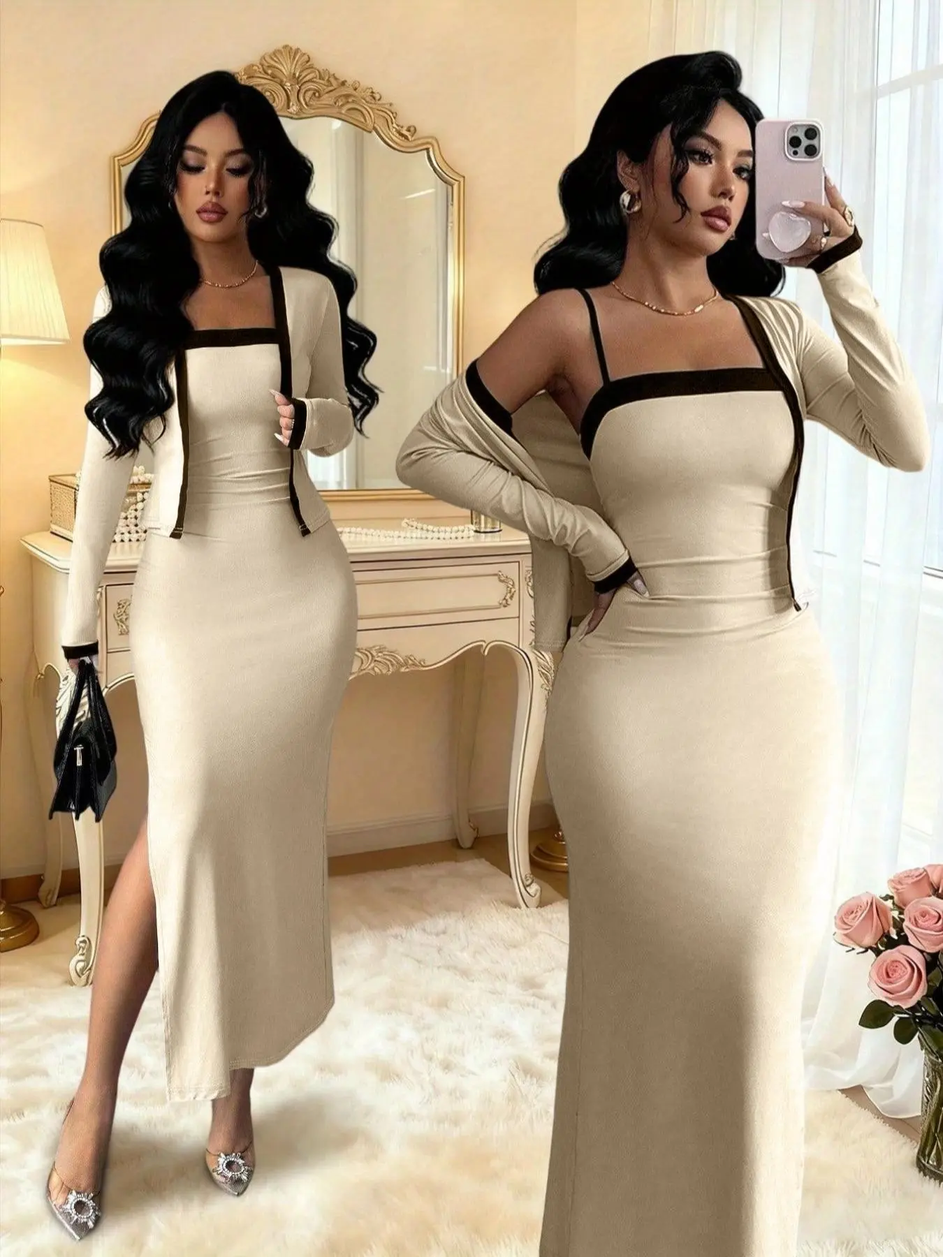 Women's Fashionable Comfortable Colorblock Knit Cardigan and Halter Neck Split Dress Set  Stylish 2-Piece Outfit for Everyday Wear