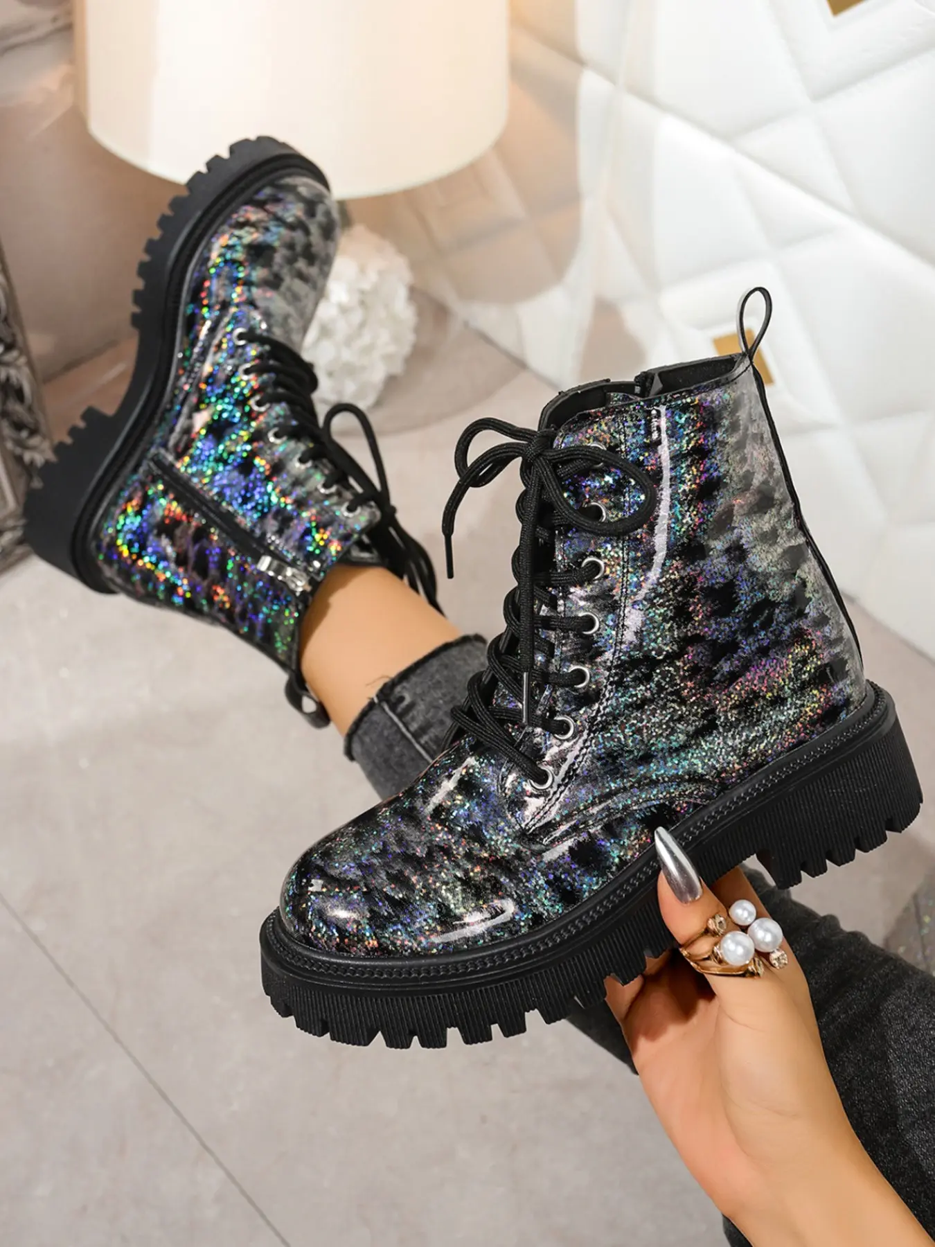 Vintage Multicolor Sequin Leopard Print Work Boots, Lace Up Boot, Zigzag Heel Platform Streetwear Motorcycle Short Boots, Chunky Ankle Boots, Casual Fall Winter Footwear