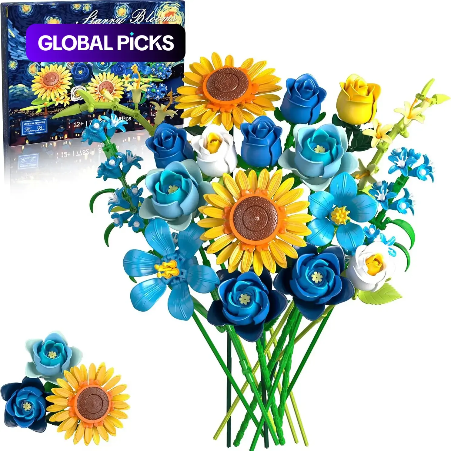 Blue Rose Sunflowers Bouquet, Artificial Flower, Diy Floral Decoration, Artificial Bouquets Mixed Flower Building Set 832 PCS, Starry Night Style, DIY Artificial Botanical Collection for Adults, Christmas Mother's Day Valentine's Gifts Home Decor