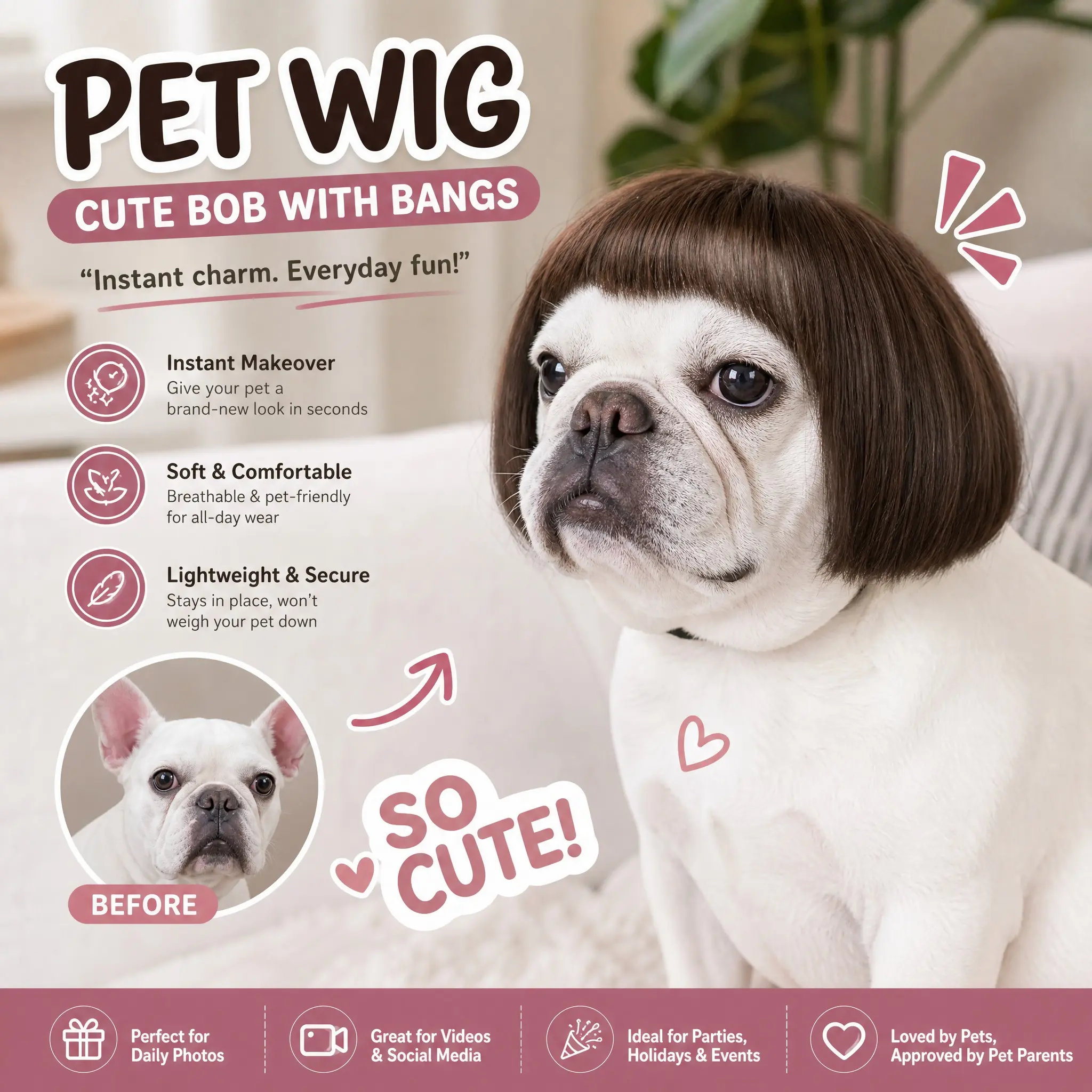 Cute short wig pet headband, funny pet wig hair accessory, for dogs and cats, Halloween and Christmas gift