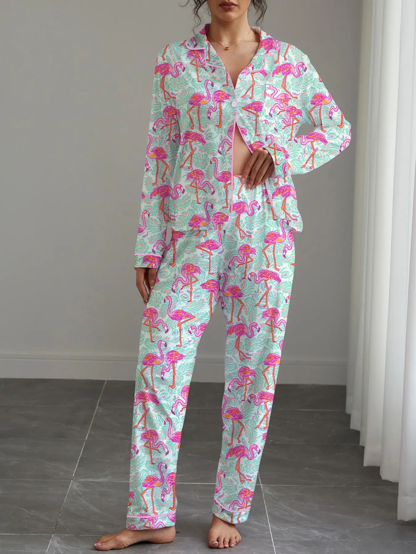 Women's Flamingo Print Pajama Set, Casual Fitted Long Sleeve Shirt & Elastic Pants, Soft Stretchy Fabric, Fall Winter Home Wear, Lounge Set, Loungewear, Nightwear, Pyjamas