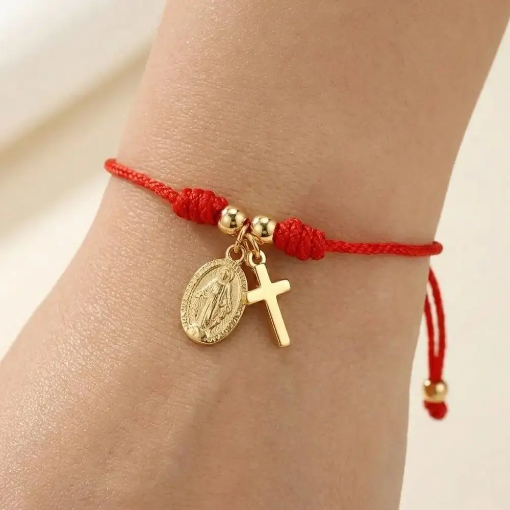 Christian Cross Motif Charm Bracelet for Men - Lightweight Adjustable Rope, Copper Beads, Red Rope Beaded Design, Minimalist Jesus Cross Pendant, Faith Religious Jewelry, Easter Gifts, Bag Accessory
