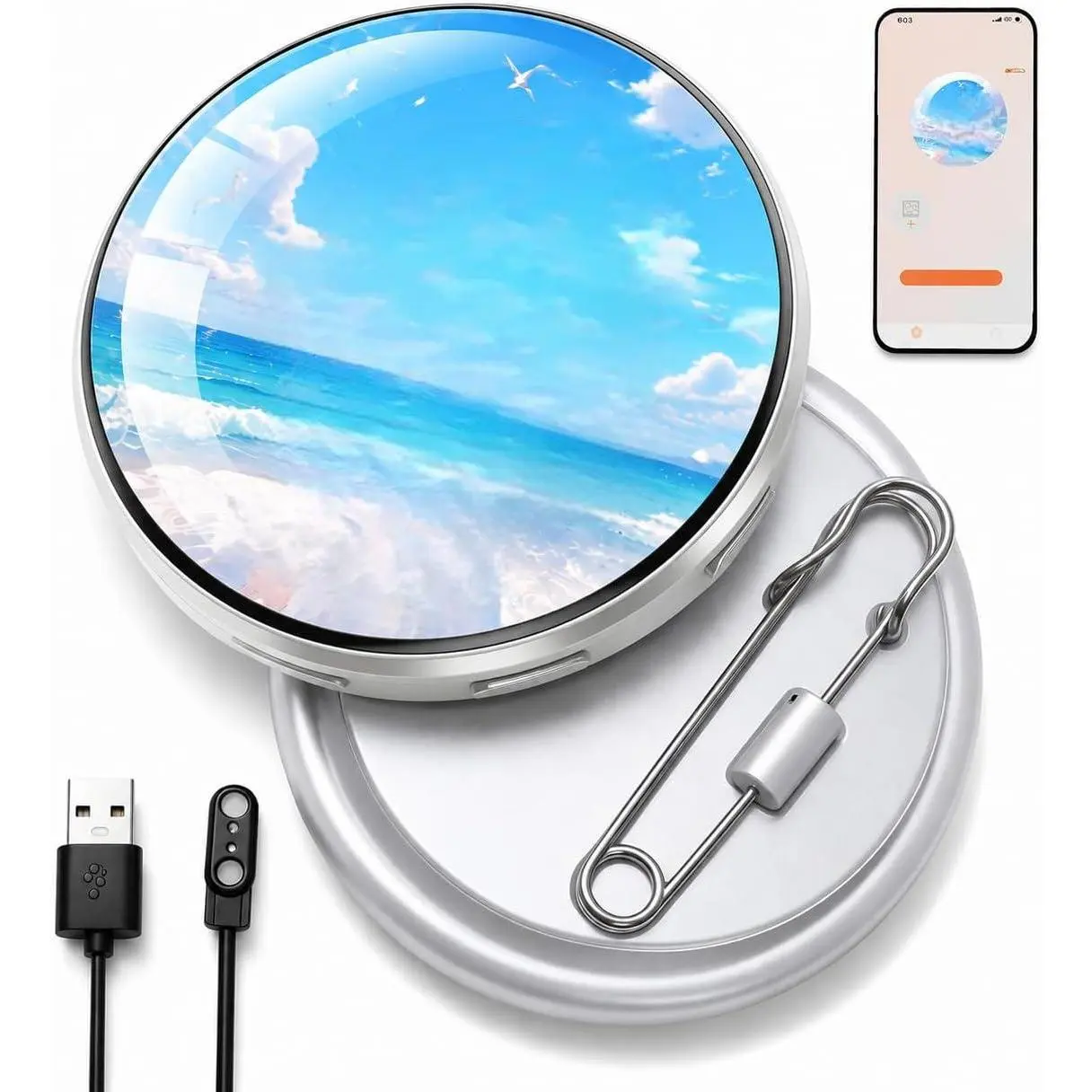 1.7" Touchscreen Digital Badge Pin – Display GIFs, Videos & Text, HD LED Smart Pin with Bluetooth App Control, Custom Wearable Screen for Concert, Rave & Cosplay