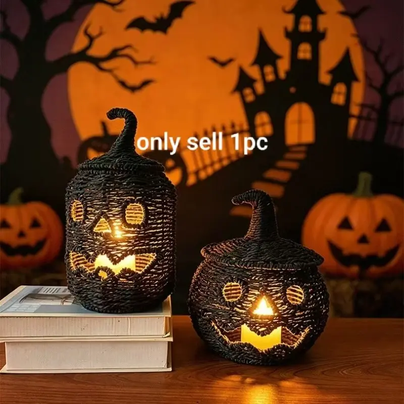 Rattan Pumpkin Storage Basket, Smiling Pumpkin Ornament, Halloween Table Decor, Thanksgiving Desk Organizer, Best with LED Candles