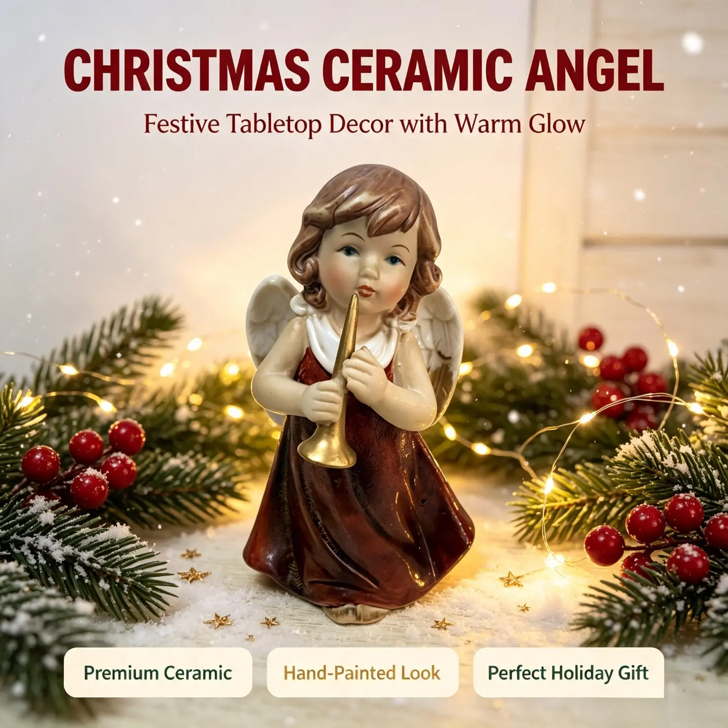 Charming Hand‑Painted Ceramic Angel Cherub Figurine Playing Golden Horn, Vintage Porcelain Christmas Tabletop Statue Ornament, Warm Glow Festive Mantel Shelf Home Decor, Cozy Winter Holiday Desktop Centerpiece, Ideal Xmas Gift, Thanksgiving New Year House