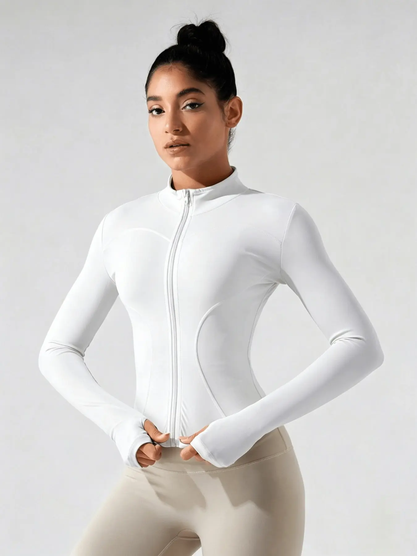 Tight-Fit Y2K Sport Jacket, Stand Collar Full Zip Thumb Hole Long Sleeve, Soft Breathable Stretch Workout Top for Women, Sculpted Sports Jacket