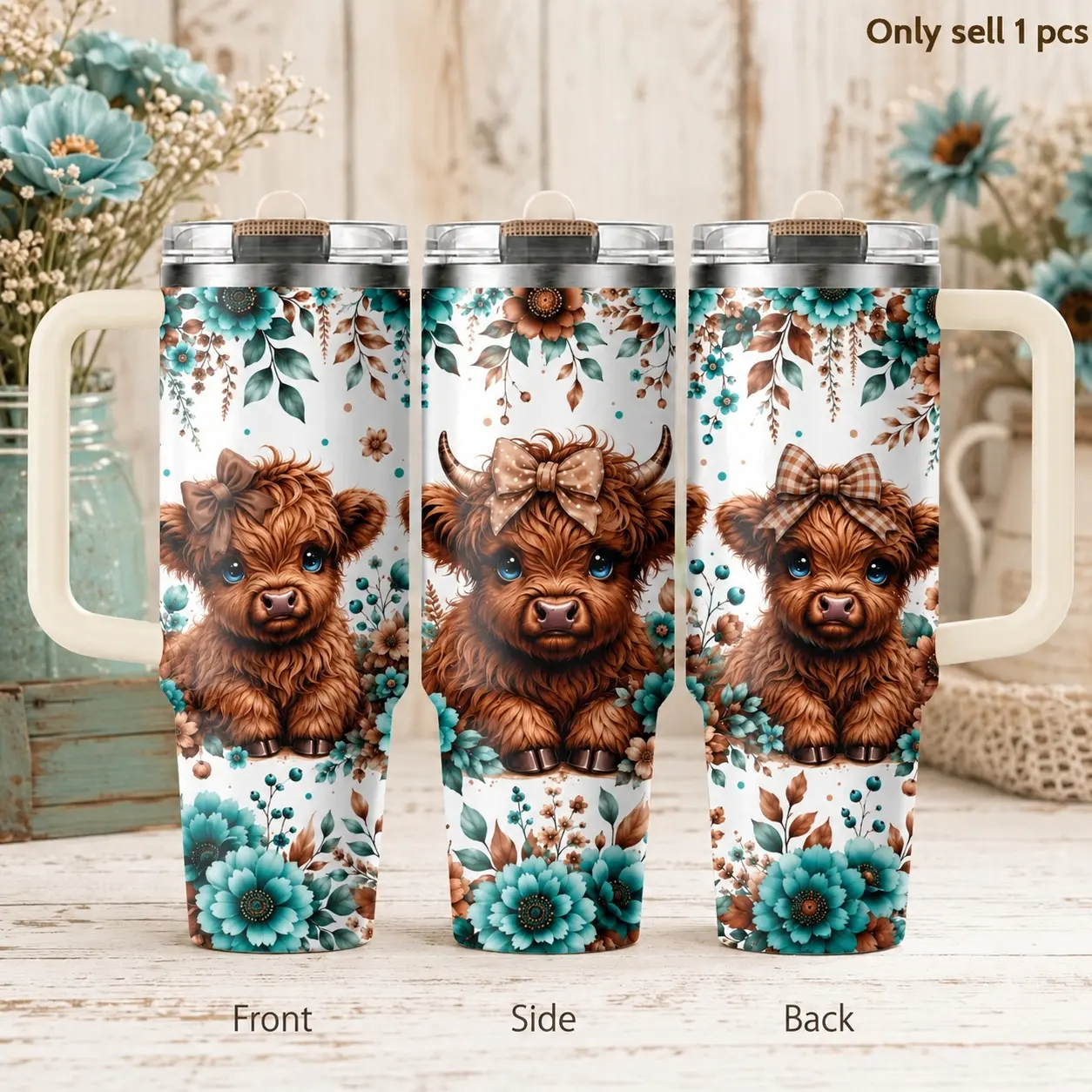 Highland Cow Teal Floral 40oz Tumbler with Handle and Straw Lid, 3rd Gen Stainless Steel Insulated Travel Mug, Drinkware, Insulated Vacuum Drinkware, Leak Proof Water Cup for Coffee, Gym, Office, Car Cup Holder, Cow Lover Gift