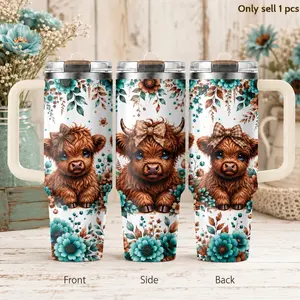 Highland Cow Teal Floral 40oz Tumbler with Handle and Straw Lid, 3rd Gen Stainless Steel Insulated Travel Mug, Drinkware, Leak Proof Water Cup for Coffee, Gym, Office, Car Cup Holder, Cow Lover Gift