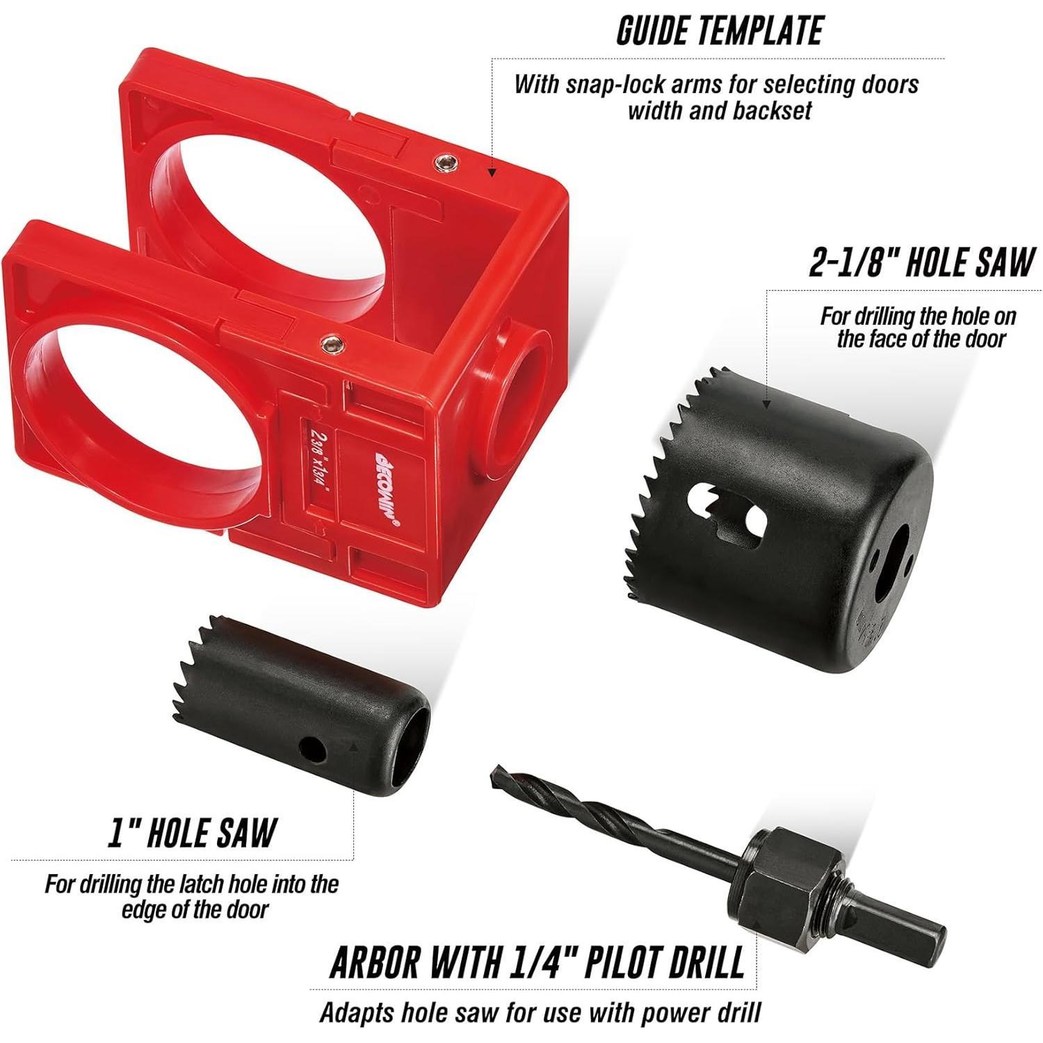 /8" - /4" Door Lock Installation Set with Guide Template, Door Lock Hole  Kit ldeal for Wooden Doors, Red