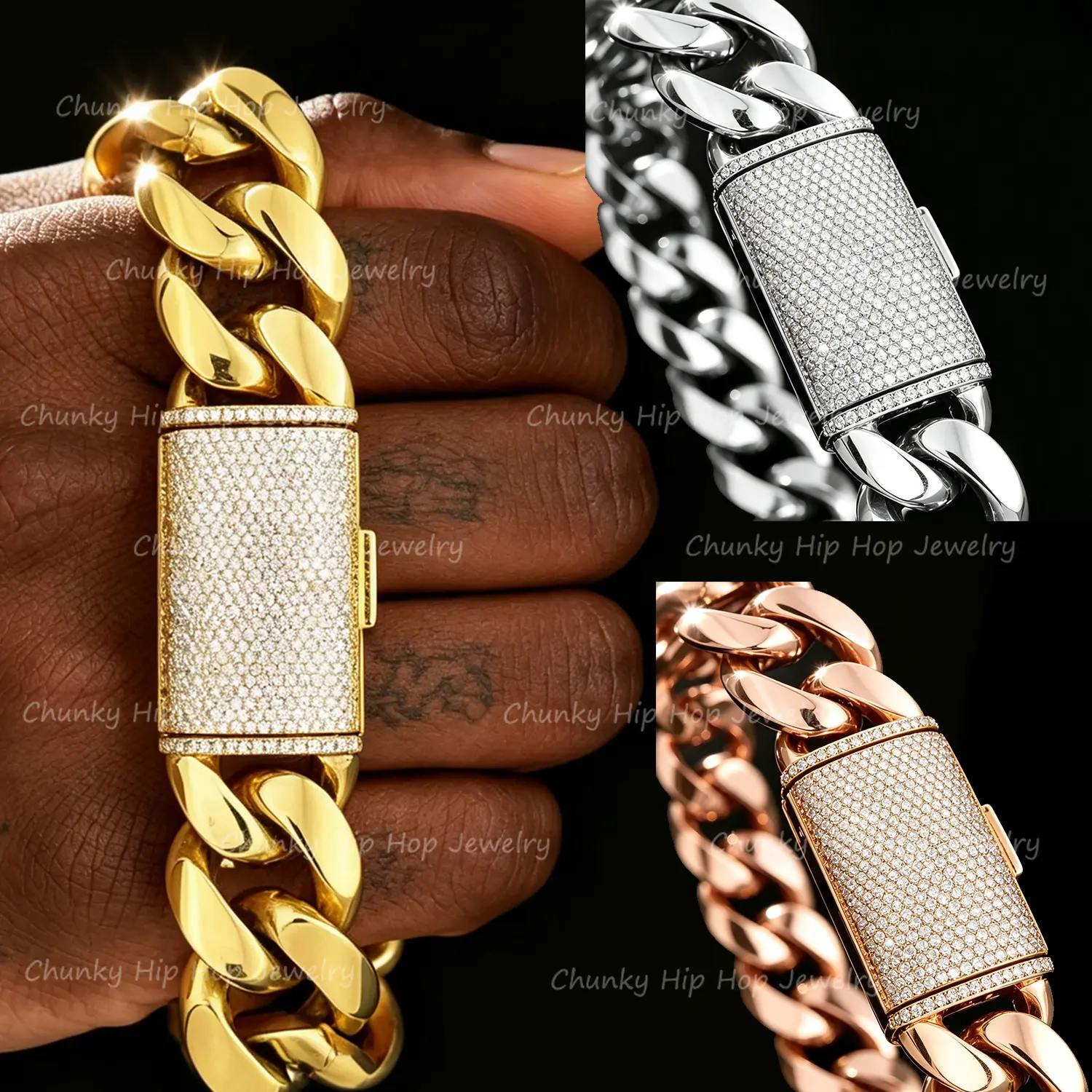 Soild Miami Cuban Link Chain ,Fashion 5A+ Diamond Chain Bangle Bracelet For Mens, With ICEDOUT Bling Copper Clasps+Stainless Steel Chain
