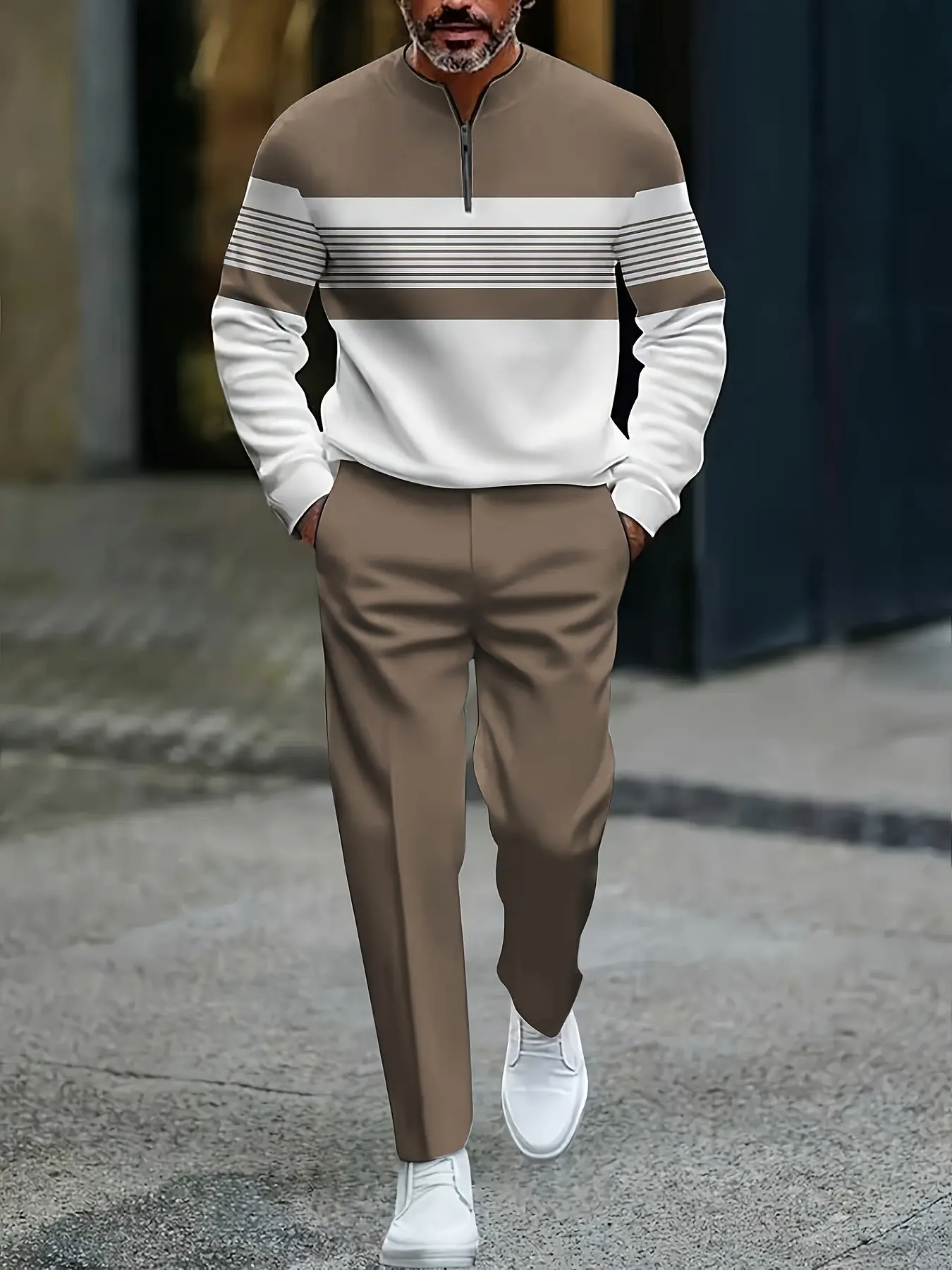 Men's Striped Zipper Sweatshirt Set, Casual Half Zip Sweatshirt and Long Pants Two-Piece Set, Trendy Daily Wear