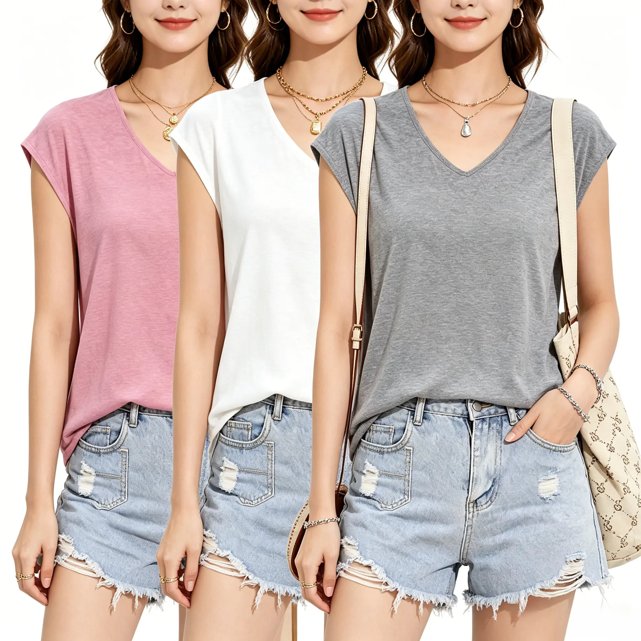 3 Pack Women's V-Neck T-Shirts, Casual Loose Fit Cap Sleeve Tops, Solid Color Soft Stretch Breathable Tees for Summer Everyday Wear, Breathable T Shirt, Casual Chic Top, Women's Clothes, Women's Tops