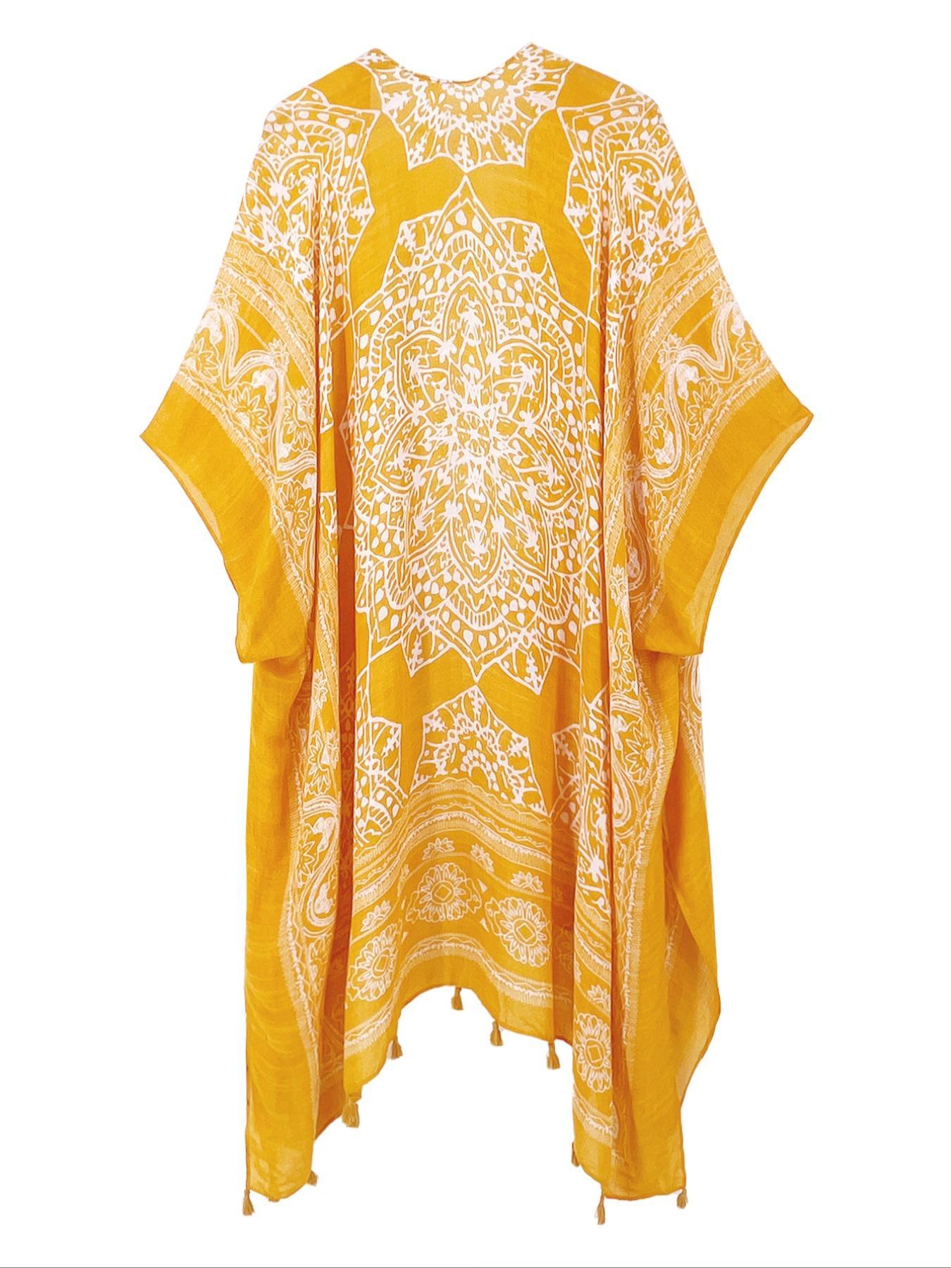 Women's Ethnic Pattern Fringe Trim Kimono Cover Up, Boho Batwing Sleeve Open Front Cover Up, Ladies Summer Clothes for Beach Holiday Vacation, Beach Cover Ups, Swimsuit Cover Ups