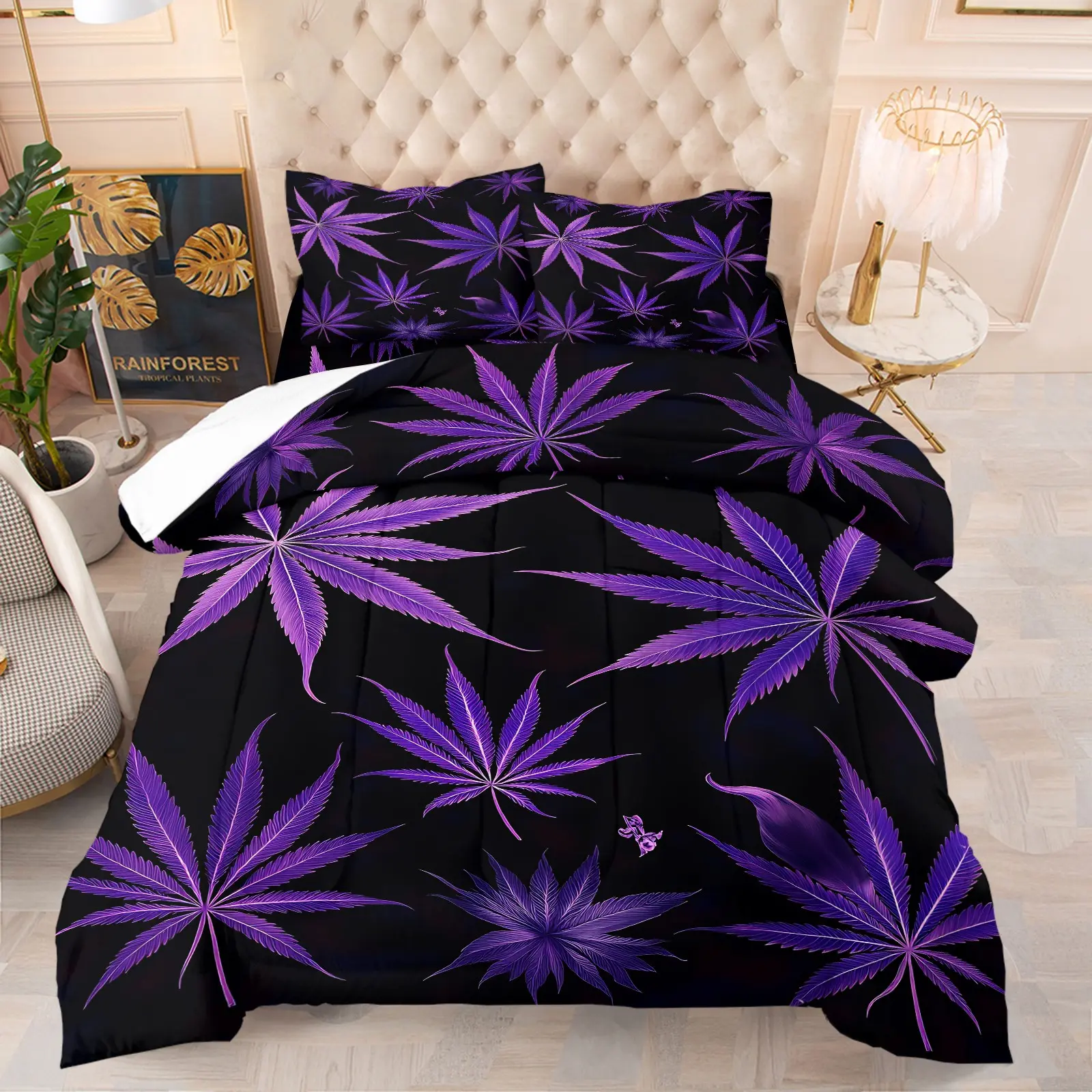 Purple Cannabis Leaves Comforter Set Queen Size,Purple Marijuana Leaf Weed Psychedelic Bedding Set 3 Pcs for Teens Adults,Neon Purple Leaves Fog Smoke Trippy Comforter,1/2 Pillowcases