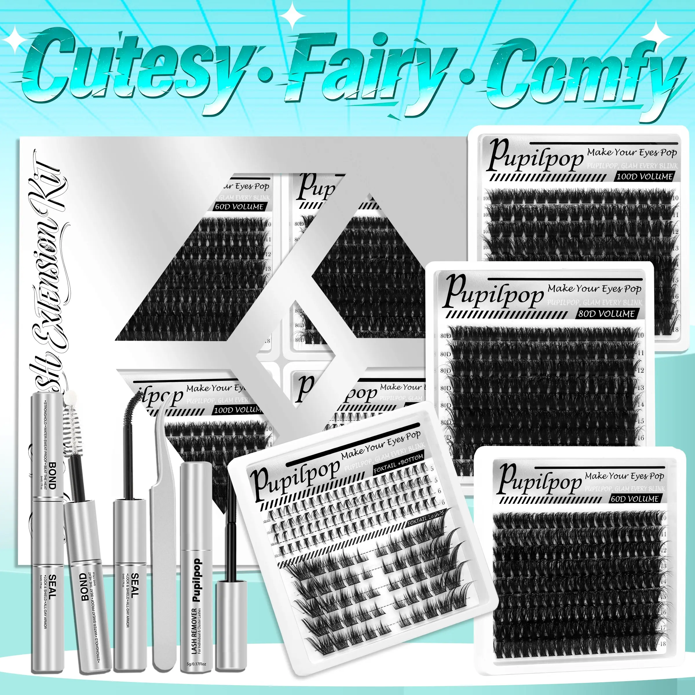 Pupilpop Ultimate DIY Lash Kit – 5 Bold Styles (60D/80D/100D Volume, Foxtail & Underlash), 5–16mm D-Curl. Includes Bond, Seal, Remover & Tweezers – Instant Full-Glam at Home!