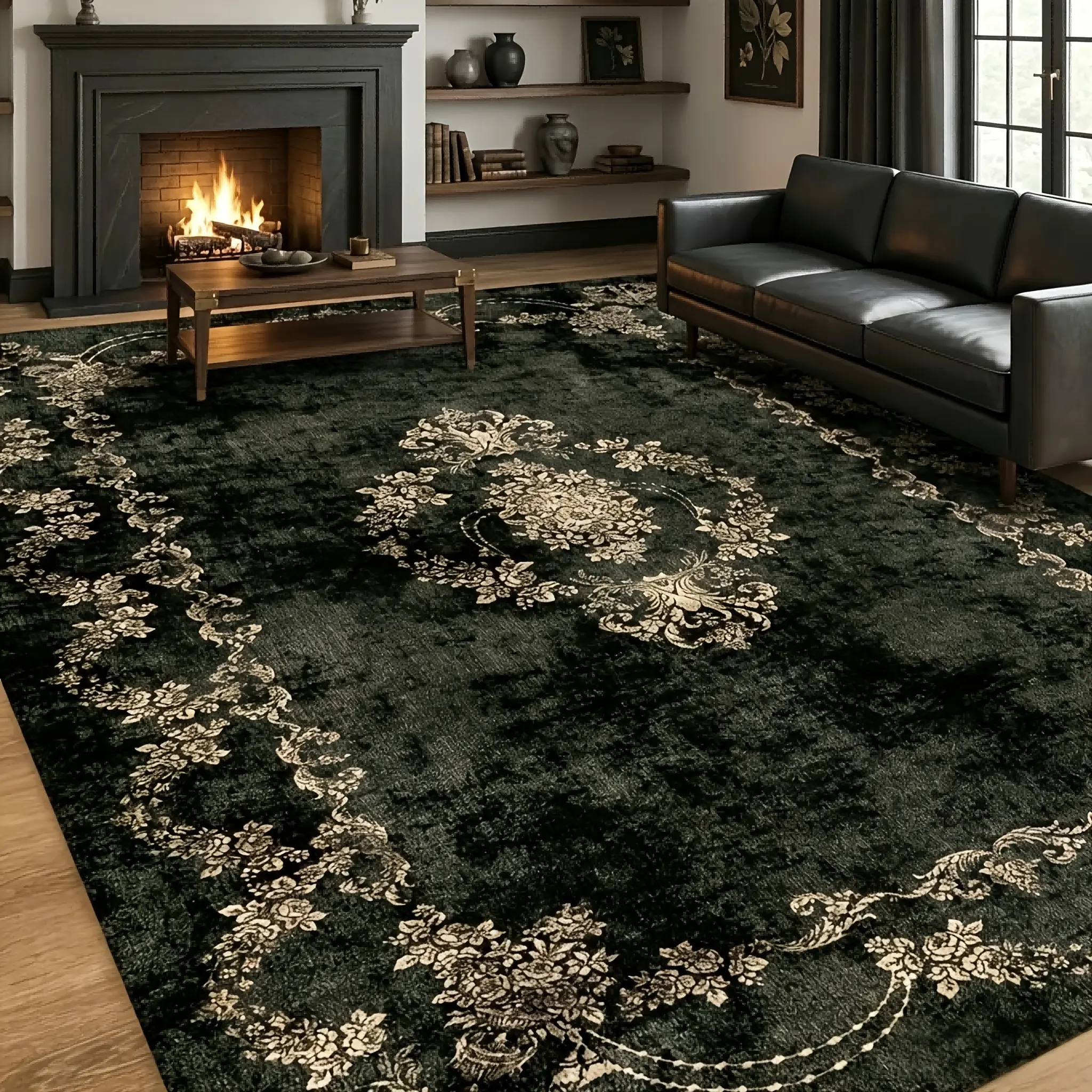 1-Piece French Vintage Black & Beige Floral Accents Area Rug, 100% Polyester, Non-Slip Backing, Machine Washable Patterned Statement Area Rug - Suitable for Living Rooms, High-Traffic Spaces, Floral Accents Area Rugs, Patterned Statement Area Rugs