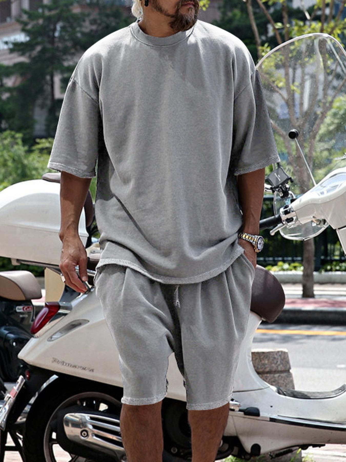 Men's Summer Casual Set, Pure Color Round Neck Short Sleeve Knit Tee & Shorts, Classic Loose Fit Sportswear, Comfortable Daily Wear Outfit