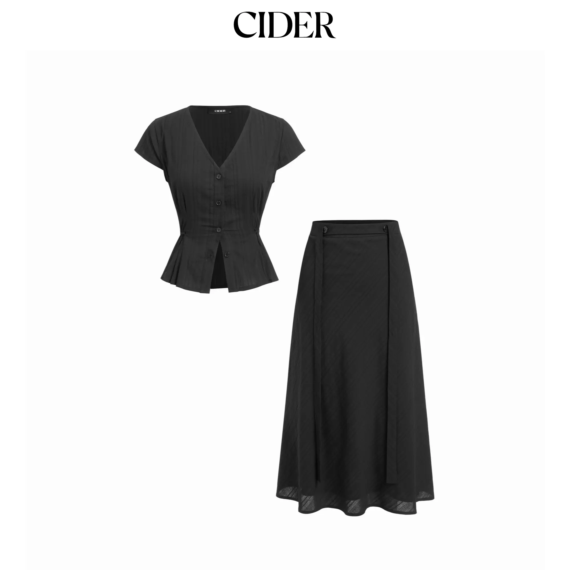 Cider Cotton V-Neck Button Front Peplum Top & Mid Rise A-line Maxi Skirt Set With Belt SohoChic