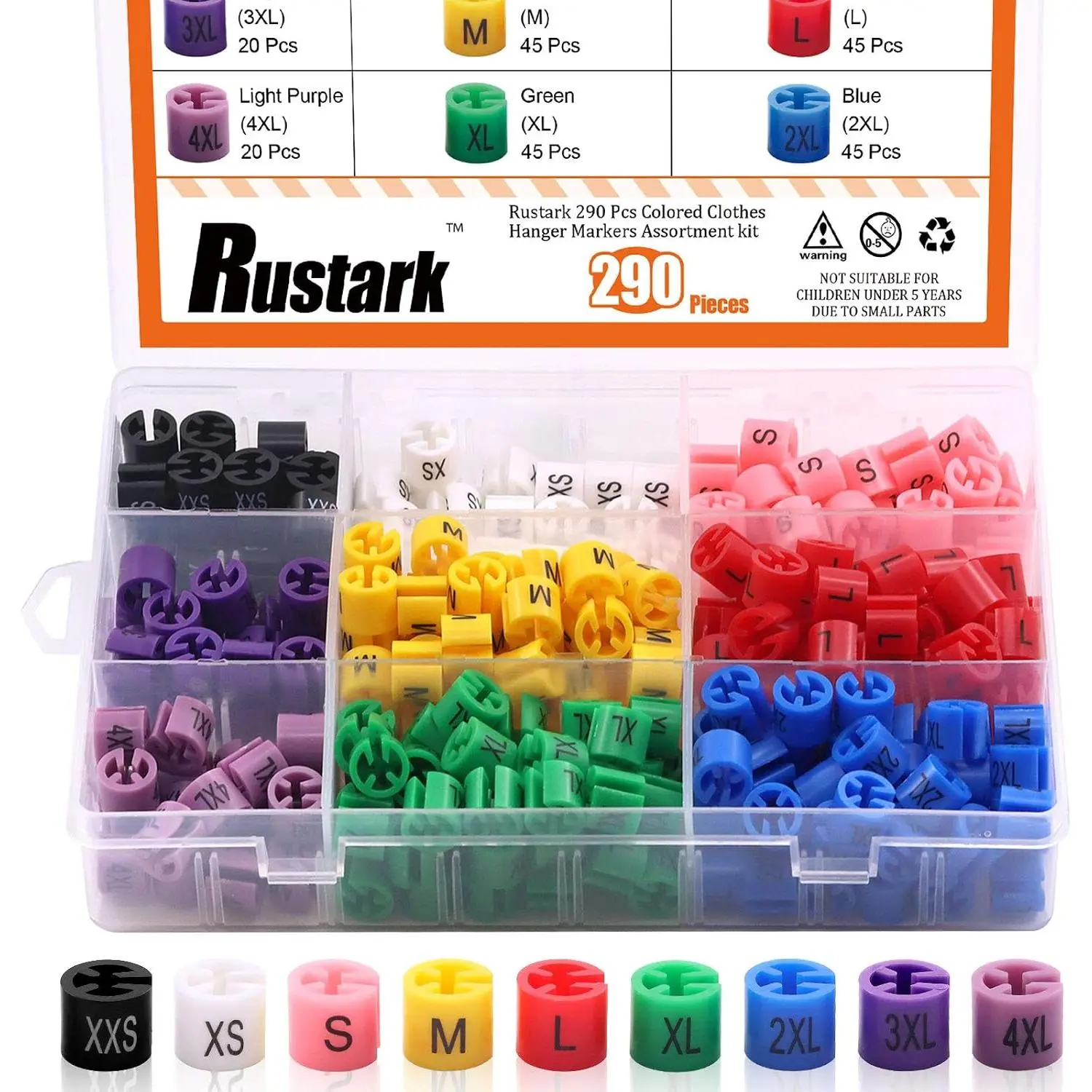 290 Pcs Colored Clothes Hanger Markers Assortment kit- 9 Sizes (XXS - 4XL) Color-Coding Garment Size Markers Color Clothing Coded Size Clips Set with Storage Box
