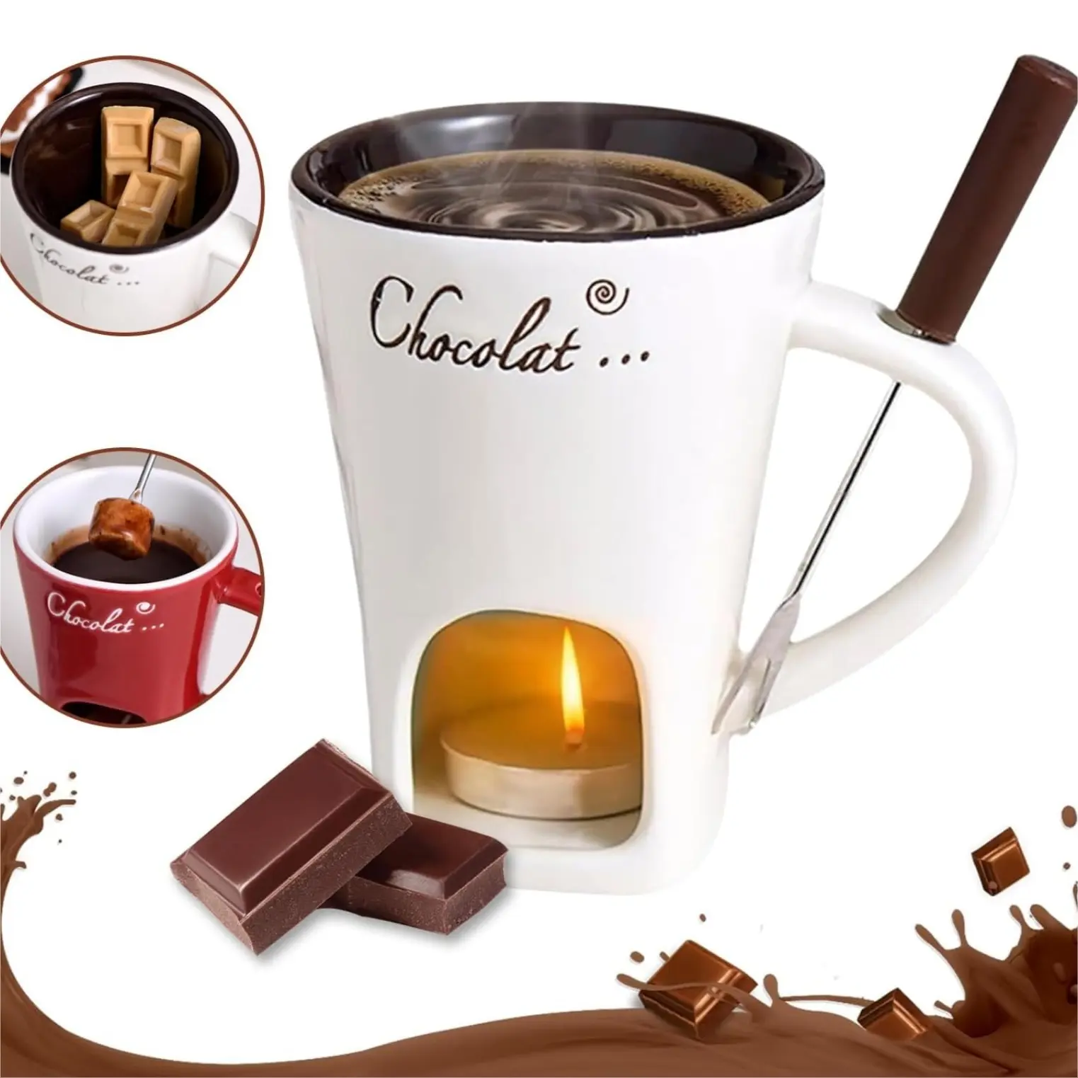 Chocolate Fondue Mugs Contain Fondue Cup & Forks, Chocolate Melting Cup, Mini Chocolate Fondue Set Without Tealights, Fondue Cups With Forks For Date Night Birthday Wedding Gifts (White)