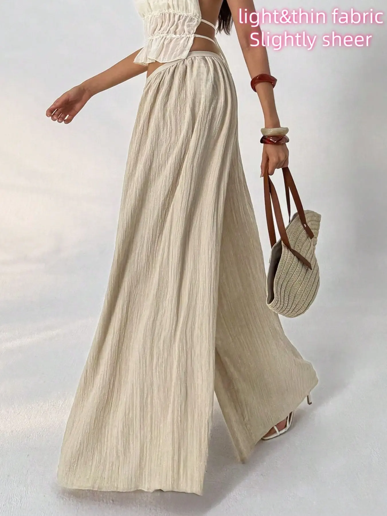 Boho Textured Pleated Wide Leg Trouser Pants for Women, Elastic High Waist Flowy Long Skirt Pant, Lightweight Casual Vacation Beachwear, Coffee Shop Picnic