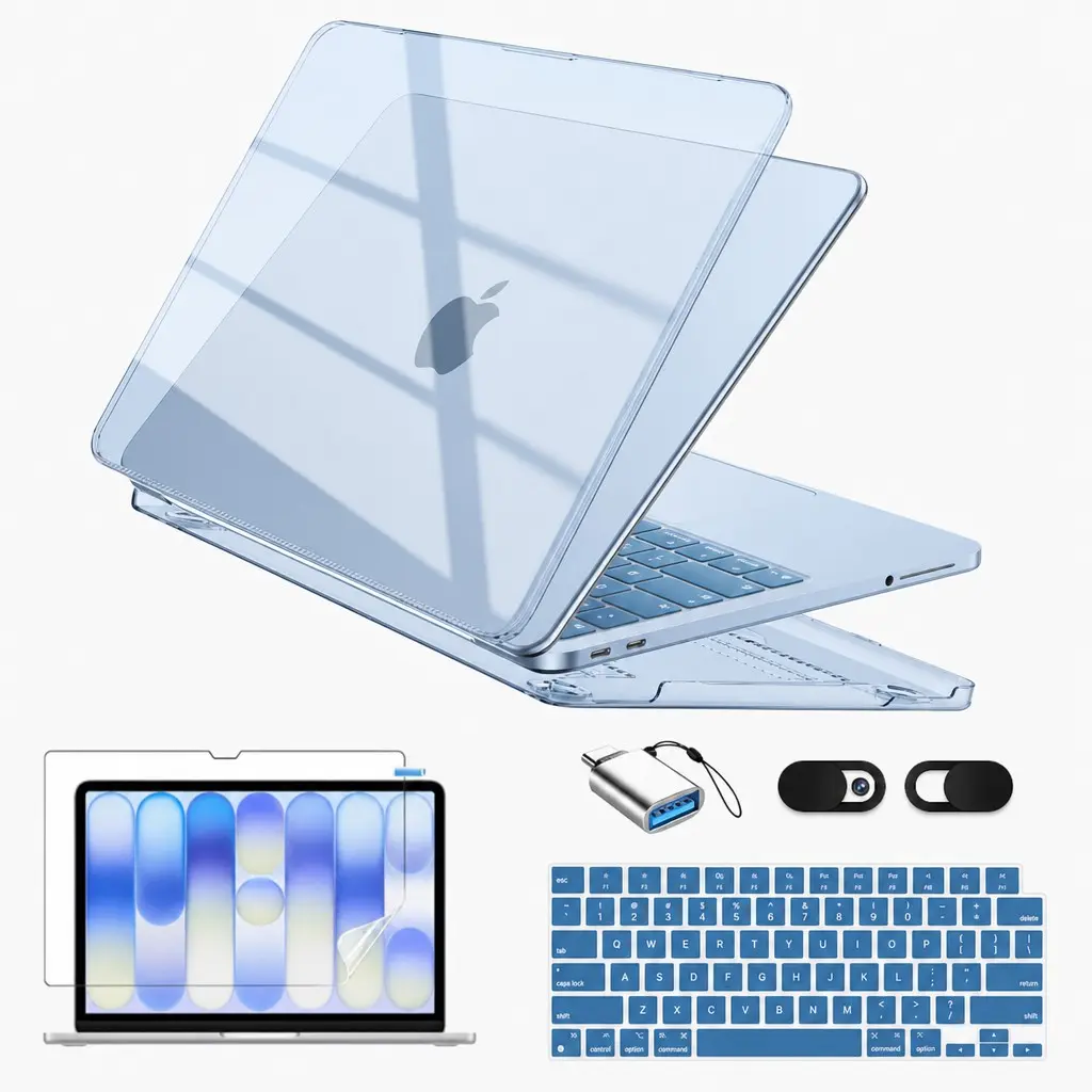 Shockproof Anti-Scratch Laptop Case for Macbook Neo, Clear Blue Hard Shell, Keyboard Cover, HD Screen Protector, OTG Adapter, Camera Blocker, Macbook Protective Cover