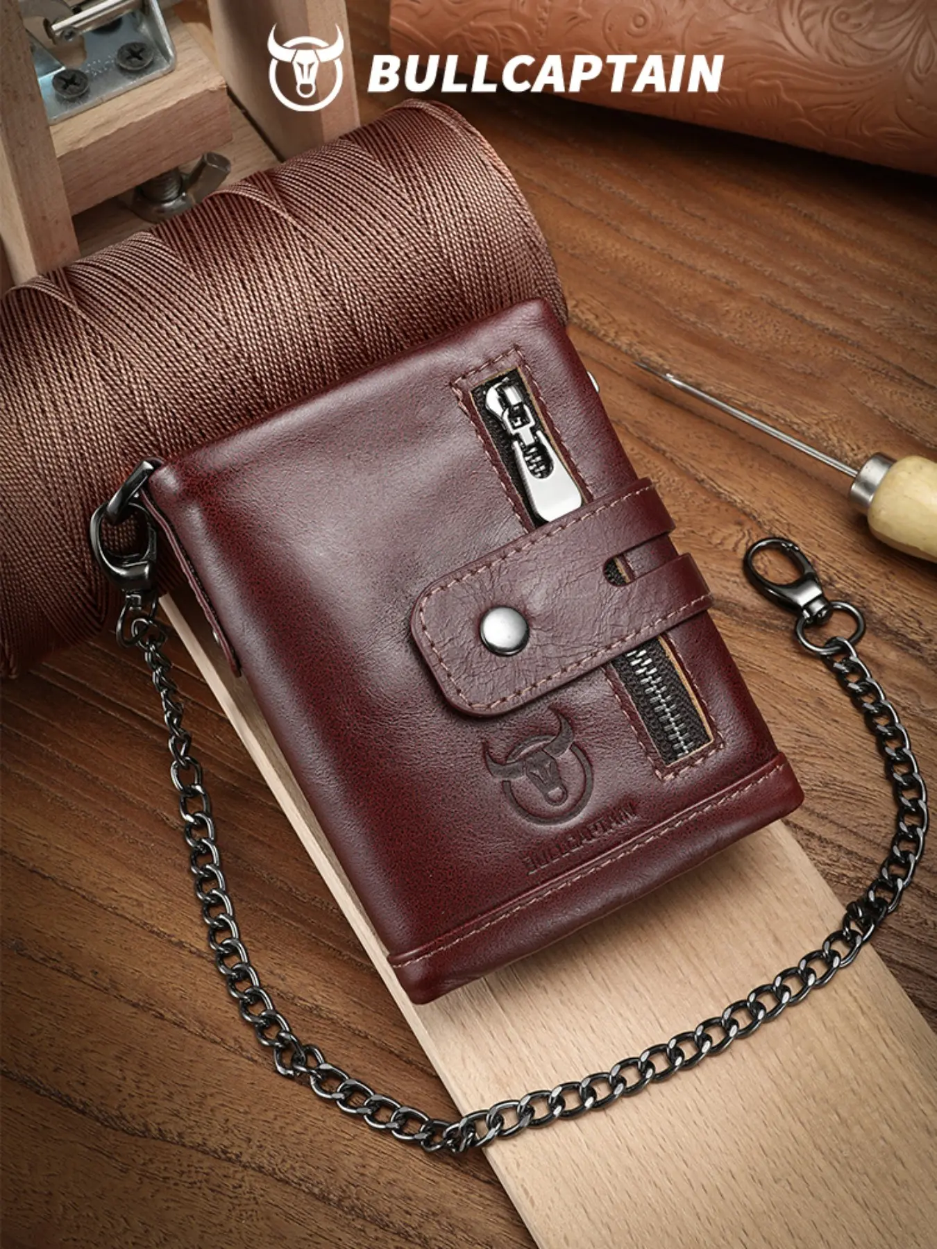 Bullcaptain Men's Genuine Leather Phone Stand Wallet, Multi-Functional Anti-Theft Chain, Casual Plain Design, All Seasons Use, Genuine Leather Wallets, Wallet With Chain, Phone Holder Wallet