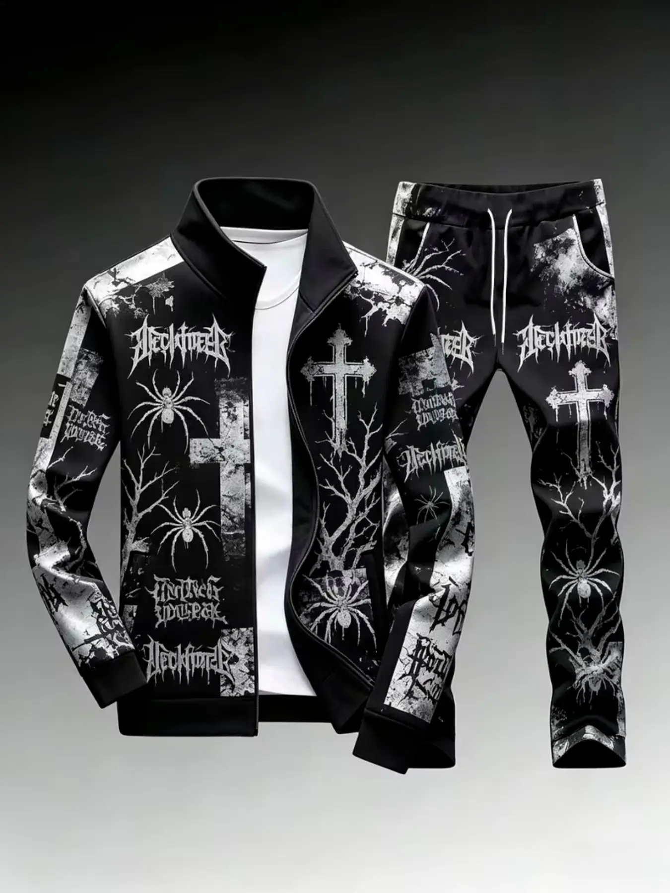 Men's dark gothic style tracksuit, featuring a cross, spider, and withered tree print; a stand-up collar zip-up jacket paired with drawstring trousers; a high-street rock-inspired casual two-piece set, Athleisure Street Fit