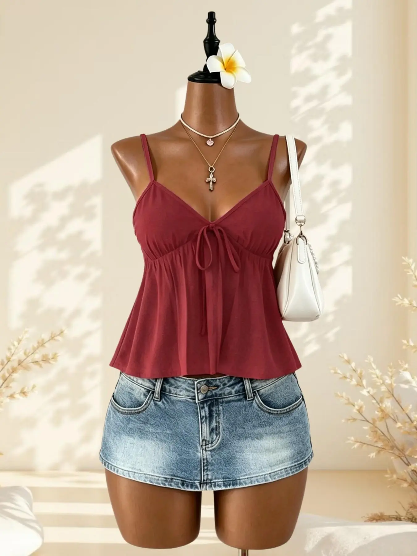 Fresh Summer Girl Polka Dot Halter Top, V Neck Front Tie Ruffled Back, Slimming Women's Tank Top, Single Piece