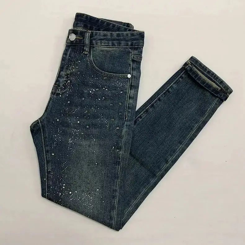 Slim Straight Men's Designer Jeans in Stretch Denim with Diamond and Willow Nail Rivet Embellishments, Slim Fit, Design Men's Jeans, Multi-Size