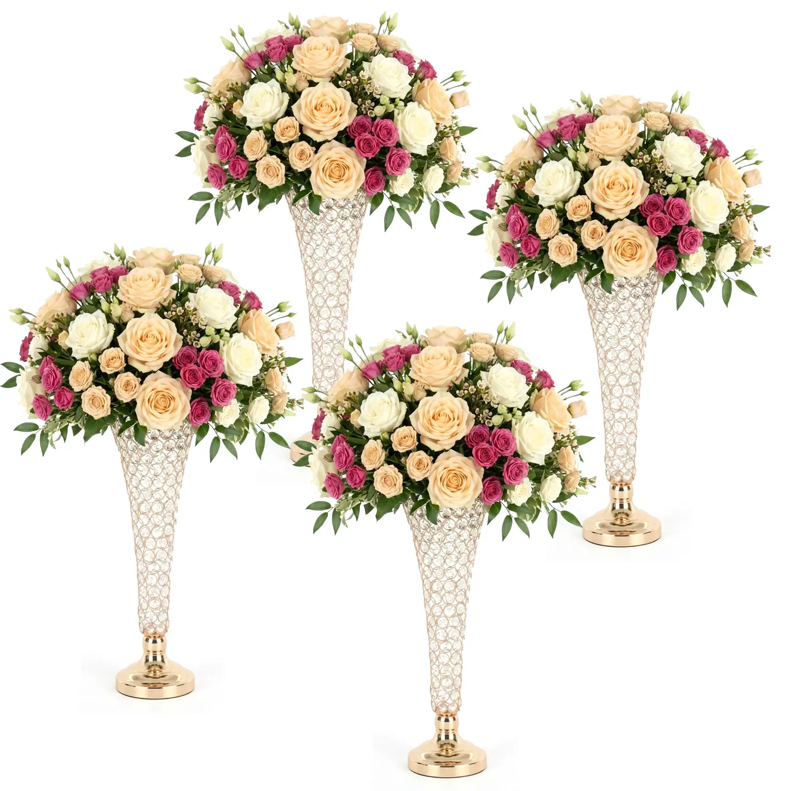 4-Pack Decorative Gold-Silver Trumpet Vases Set, 20in Tall Detachable Metal Bouquet Vases with Crystal Beads, Non-Slip Base Pads & Space-Saving Design for Wedding Party Table Centerpieces, 20-Inch Tall,dorm decor,dorm room decor