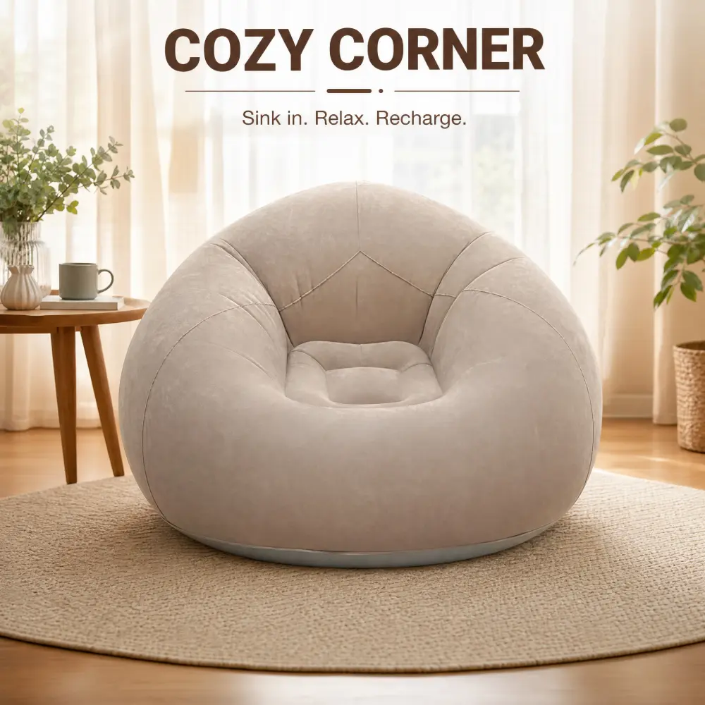 Inflatable Camping Chair & Blow Up Lounger - Foldable Air Sofa for Outdoor Trips, Reading, Gaming & Relaxation  Camping Essentials, Hammock-Style Pillow, Pilates Board Companion