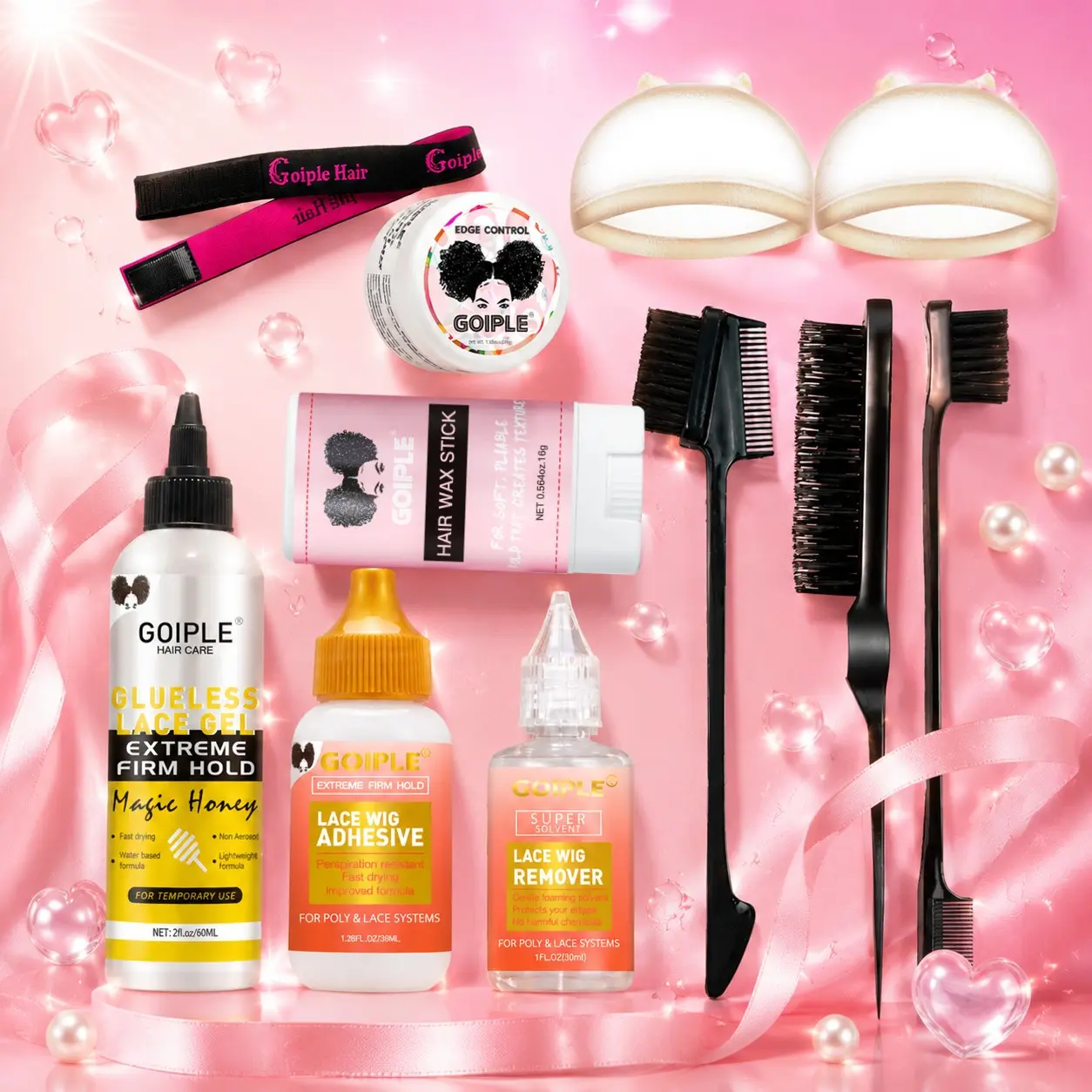 Goiple lace wig install kit,Extreme Firm Hold  lace wigs front glue, lace remover, glueless lace gel, edge control, hair wax stick, hd wig caps, lace melting band, wig styling brushes, sweatproof strong hold, toupee hair system，Lace wigs Hair Systems