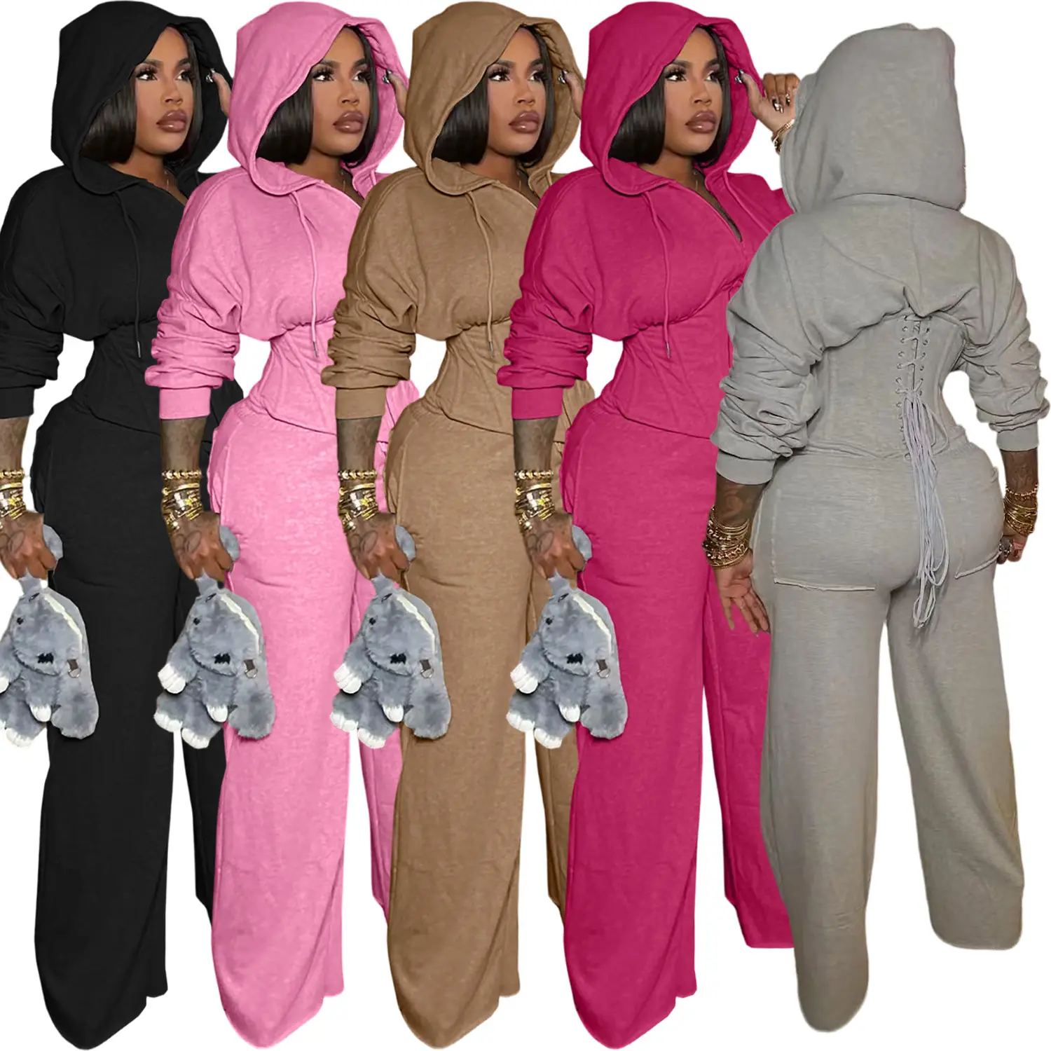 2026 Fashion Women 2 Piece Pants Set Unique Tie Band Waist Cinching Casual Matching Outfit With Built-In Fishbone Support Slim Figure Flattering Stretchy Daily Streetwear Party Club Outfits For Ladies