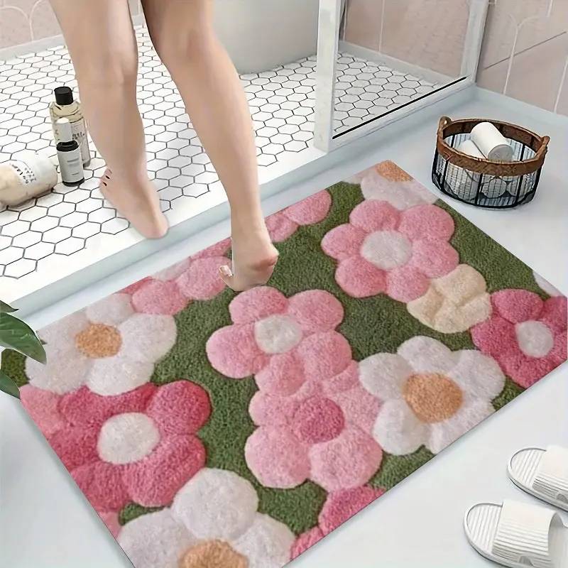 1pc with Bright Floral Design, Ultra-Soft, Absorbent And Quick-Drying Non-Slip Bathroom Floor Carpet, Bathroom Rug, Bathroom Mats, Washable, Ideal for Kitchen, Entrance And Shower Decoration, Shower Floor Mat, Bathroom Accessory