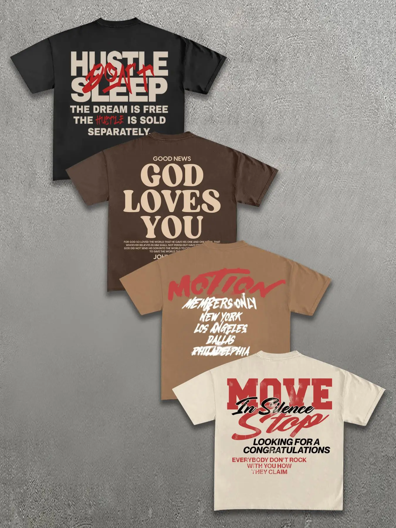 Men's 4-Piece Printed T-Shirt Set, American Streetwear Slogan Design, Loose Fit, High-Street Trendy Short Sleeve