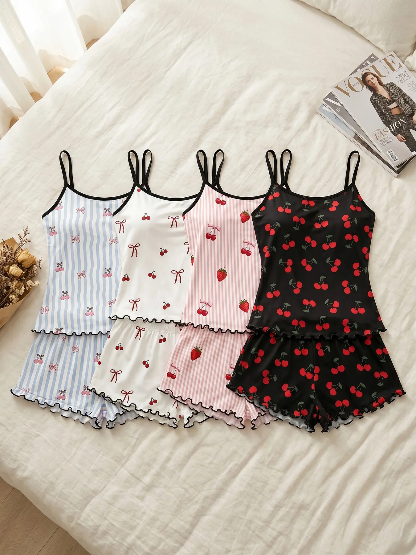 Women's 4 Piece Cami Top and Shorts Pajama Sets, All Season Wear, Cherry Strawberry Bow Stripe Print Ruffled Hem, Cherry Girl Aesthetic, Loose Breathable for Home & Casual Wear