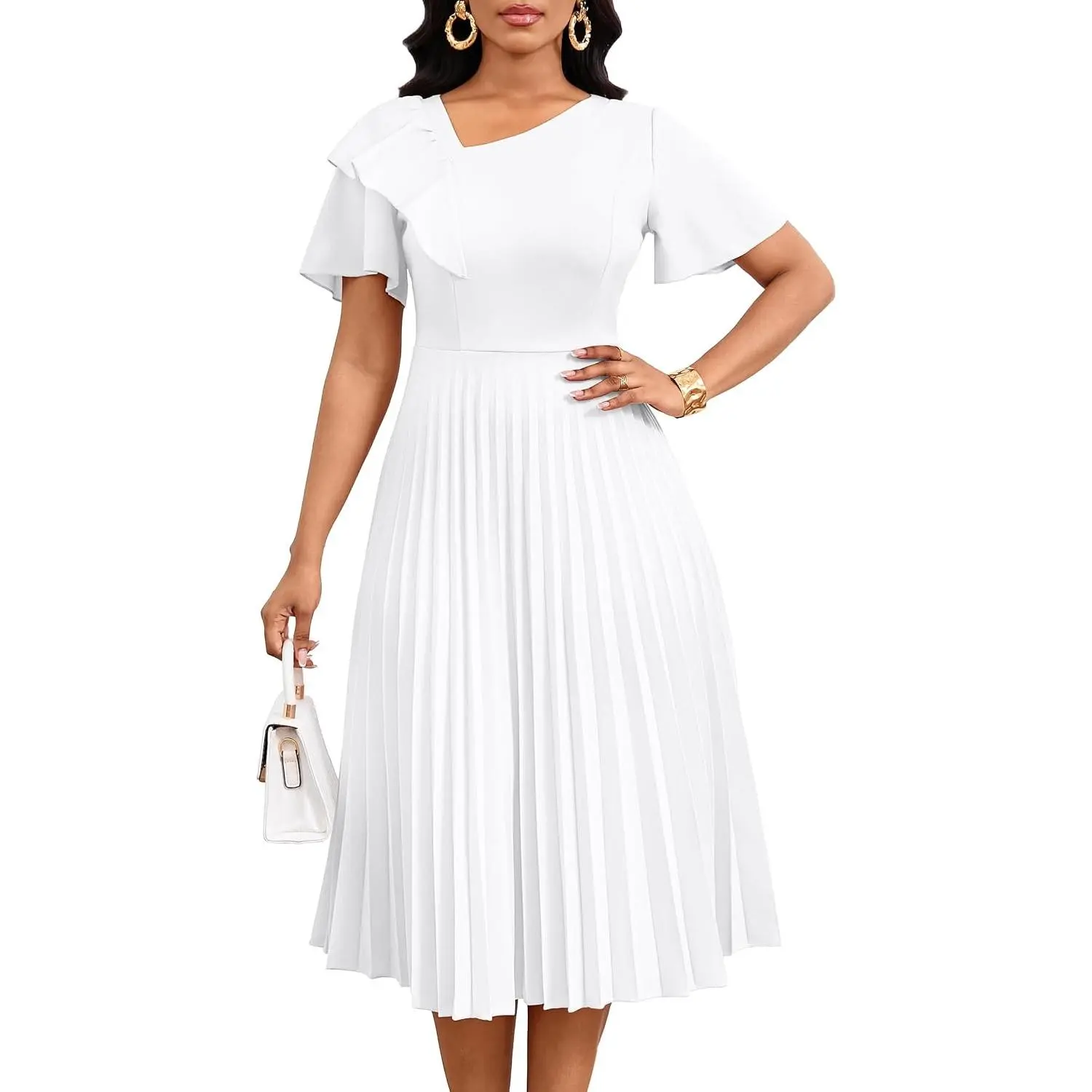 Women's Pleated Short-Sleeve A-Line Midi Dress, Asymmetrical Ruffles, Stretchy Chic Casual Lady Dress for Church Semi-Formal, Shortsleeve, Comfortable, Elegant, Fit, Cocktail, Simple, Solid