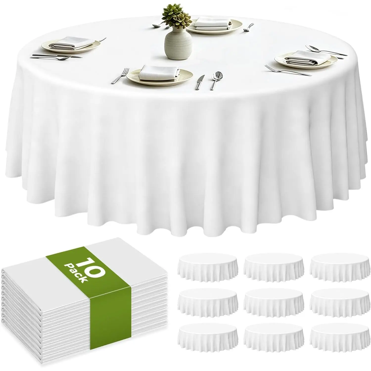 120 Inch Disposable Plastic Tablecloth White, 10 Pack Round  Table Covers for Dining, Wedding, Party, Picnic, Indoor & Outdoor Use – , Durable, Easy Clean (White, Round-120)